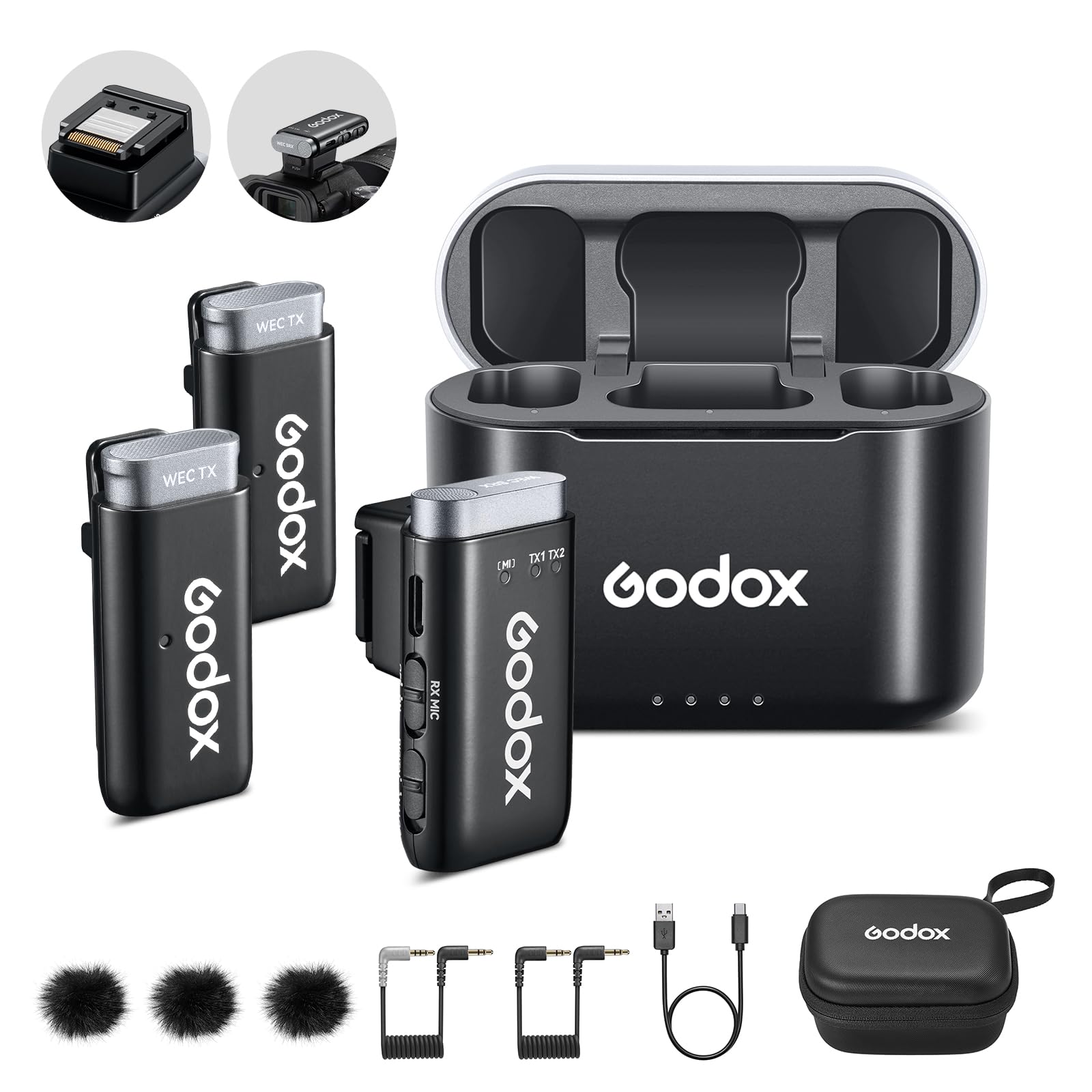 GODOX WEC-S Wireless Lavalier Microphone for Sony Cameras - Hotshoe Mount Receiver, 200m (656ft) Range, Noise Cancelling Mic - Compatible with PC, Smartphone & DSLR - Perfect for Vlogging, Interviews & Live Streaming