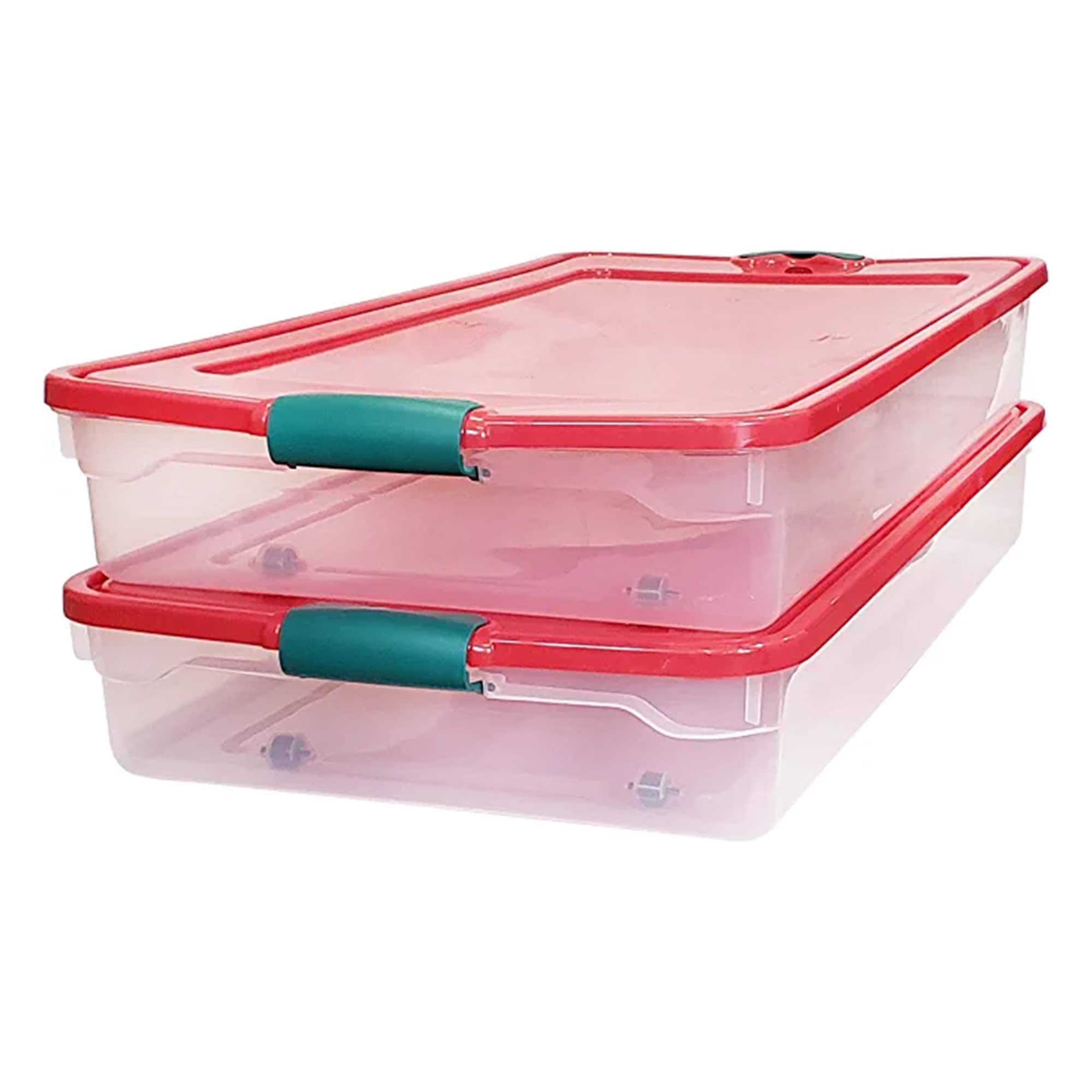 HOMZ 60-Quart Holiday Plastic Underbed Storage Bins with Red Latching Lids - 4 Pack Clear Rolling Storage Containers for Home Organization (Green Latches) | Perfect for Seasonal Clothes, Blankets & Bedding Storage Under Bed