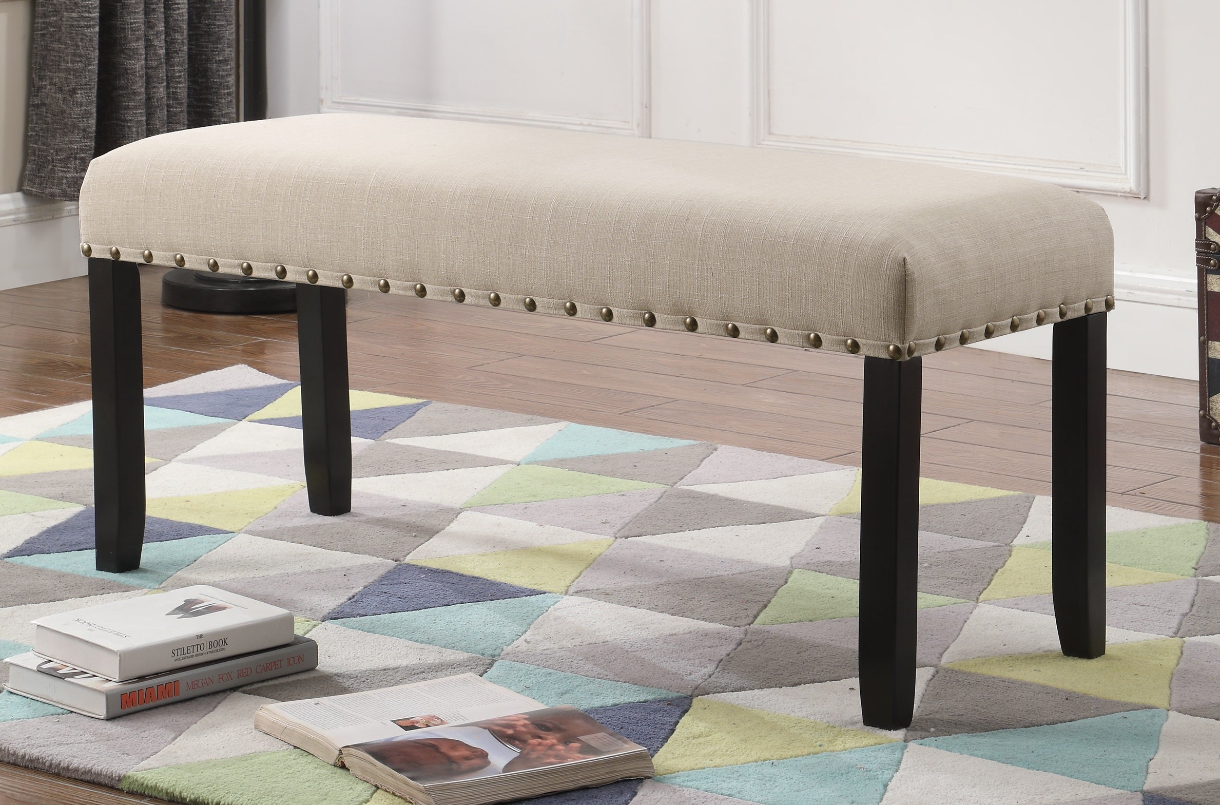 Roundhill Furniture Biony Fabric Dining Bench with Nailhead Trim, Tan - Upholstered Kitchen Bench for Dining Room, Breakfast Nook & Entryway Seating