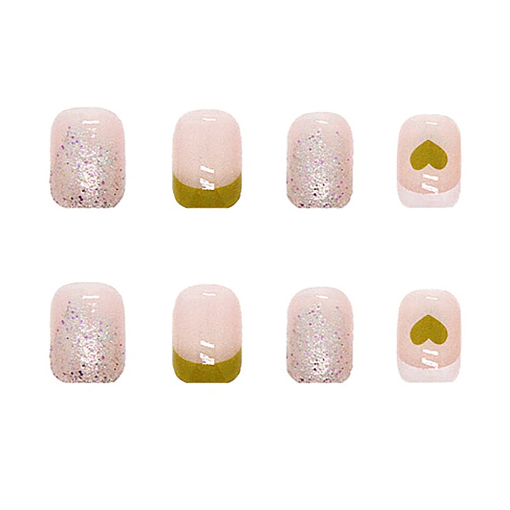 24Pcs French Tip Press on Nails Short Coffin Fake Nails with Heart Glitter Design - Full Cover Summer Artificial Nails for Women & Girls - Perfect for Parties, Weddings, and Daily Manicures