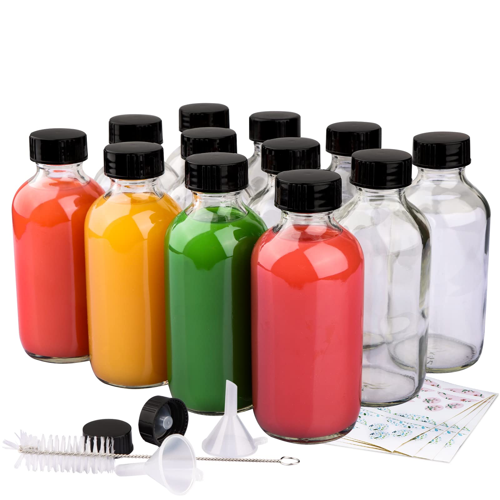 12 Pack 4 oz (120ml) Clear Glass Boston Round Bottles with Black Poly Cone Caps - Includes Labels, Funnels & Brush for Essential Oils, DIY Skincare, and Craft Projects