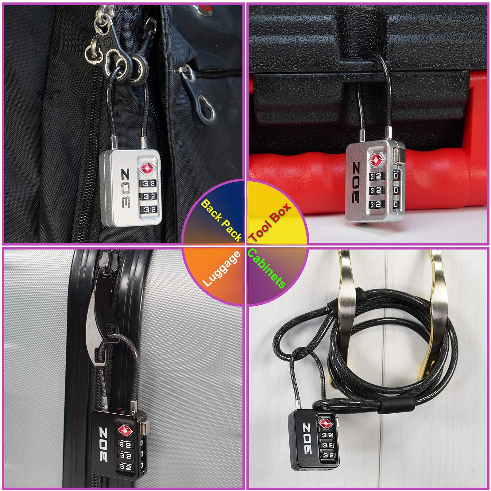 TSA Approved 3-Digit Combination Luggage Locks - Secure Travel Padlocks for Suitcases, Backpacks & Gym Bags (4-Pack, 4 Colors) - Perfect for Airports, Hotels & School Lockers