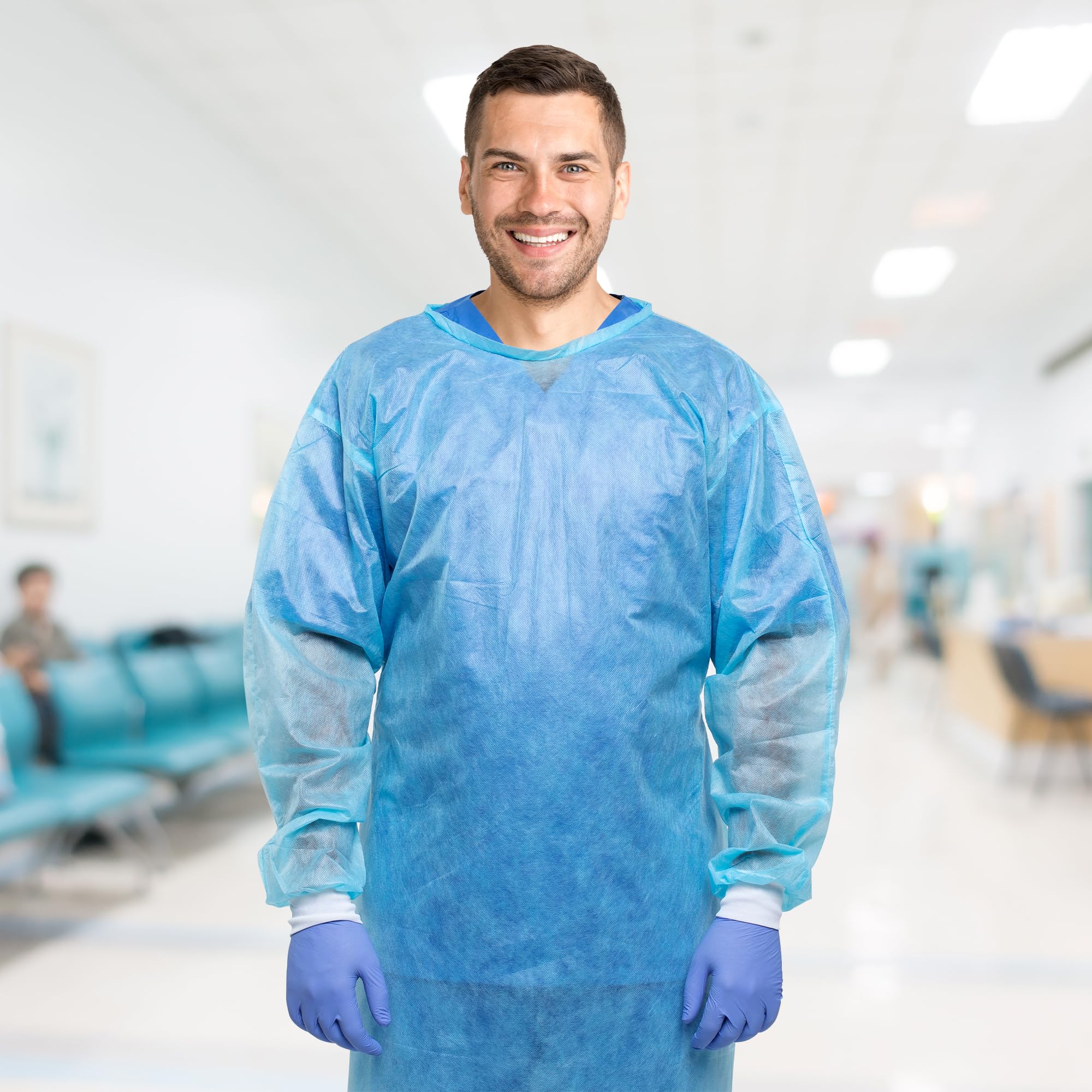 AMZ Medical Supply Disposable Isolation Gown - Large Size (10 Pack) | Blue 45 GSM SMS Material | Fluid Resistant & Breathable PPE with Knit Wrists & Long Back Ties | Ideal for Hospitals, Clinics & Home Healthcare Protection