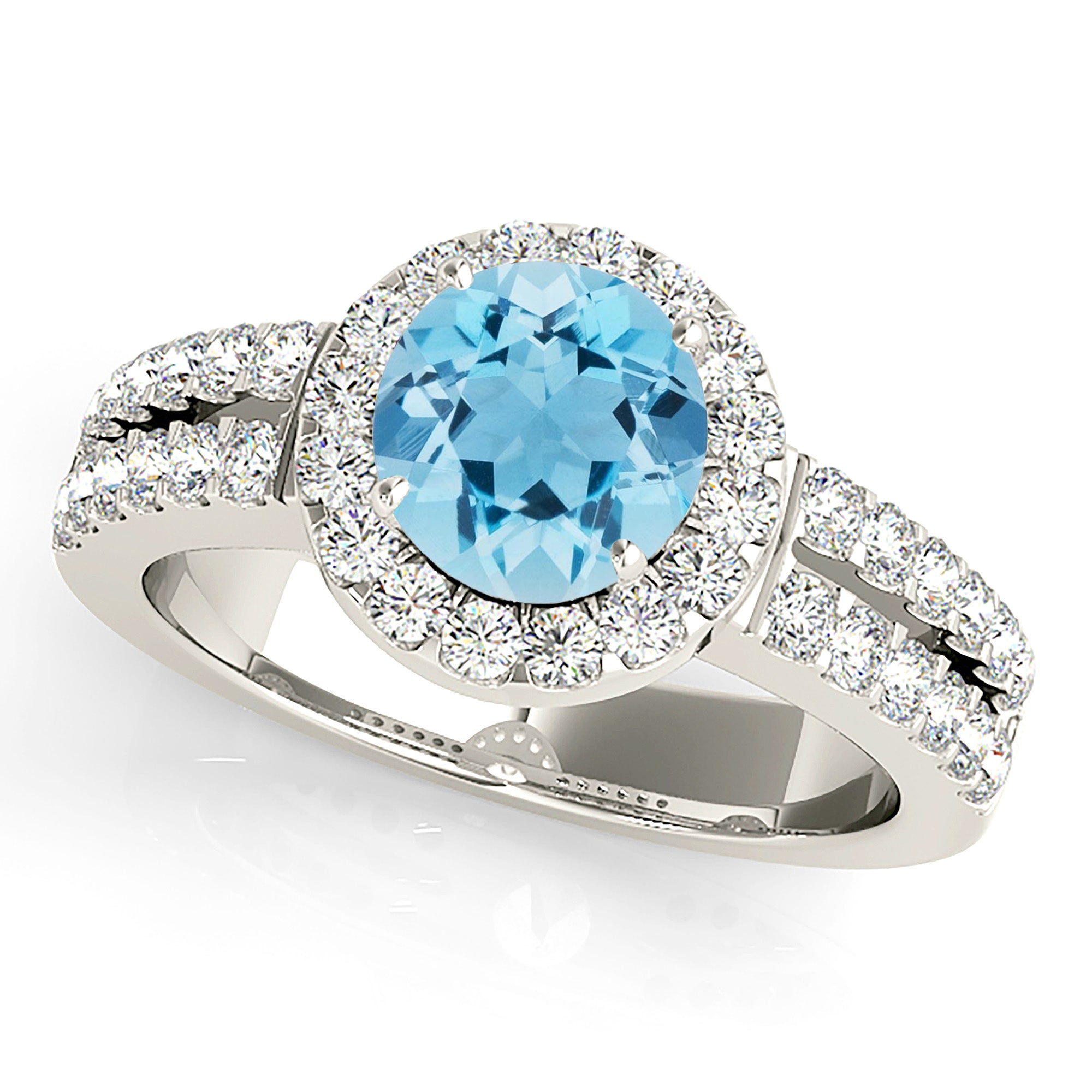 1.10 Carat Genuine Aquamarine Halo Ring with Split Diamond Band - Elegant Engagement, Wedding, Anniversary Gift for Her