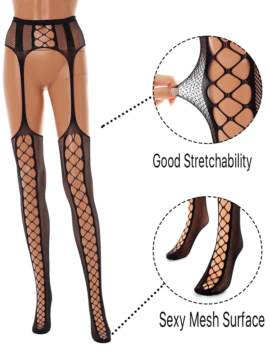 Barode Women's Fishnet Stockings - Sexy Black Patterned Tights with Suspender Pantyhose for Lingerie, Cosplay & Night Out Outfits
