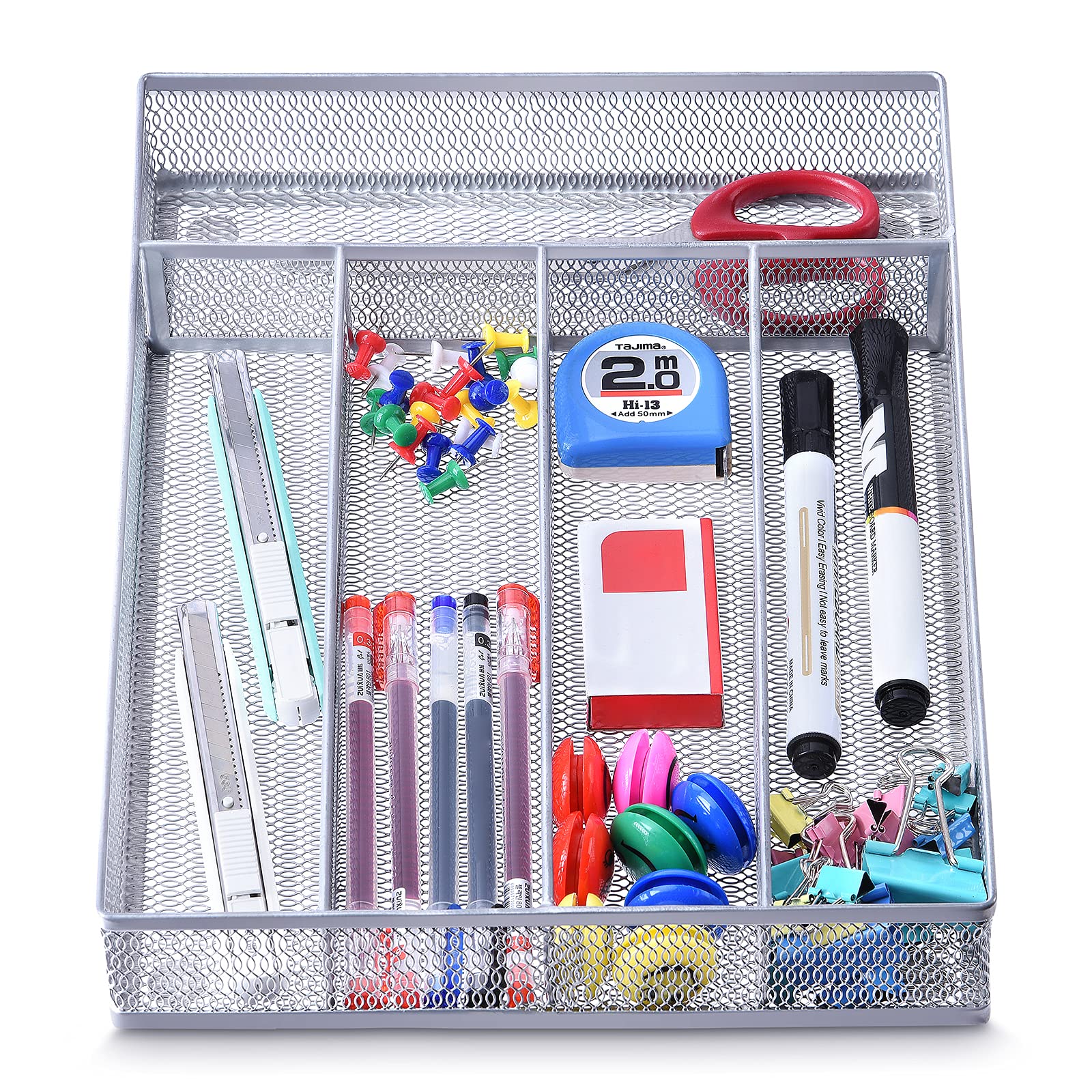 WuGeShop 5-Compartment Metal Mesh Desk Drawer Organizer Tray with Non-Slip Mats - Office, Bathroom & Kitchen Storage Solution - Silver | Perfect for Organizing Stationery, Makeup & Utensils