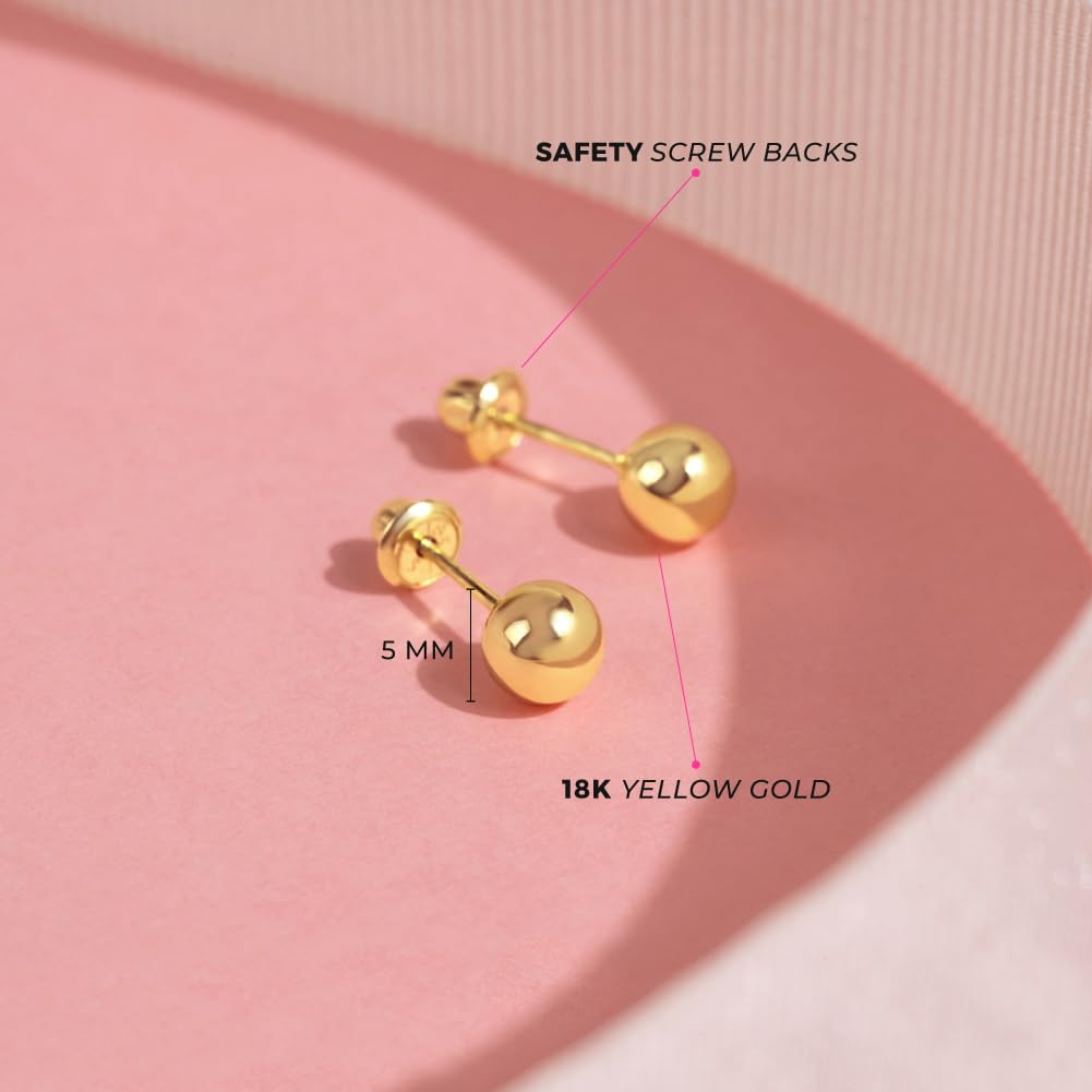 18k Yellow Gold Classic Ball Safety Screw Back Stud Earrings for Babies & Toddlers - 3mm-5mm Hypoallergenic Earrings for Newborns, Infants & Little Girls | Perfect for Baptism, Christening & First Birthday Gifts