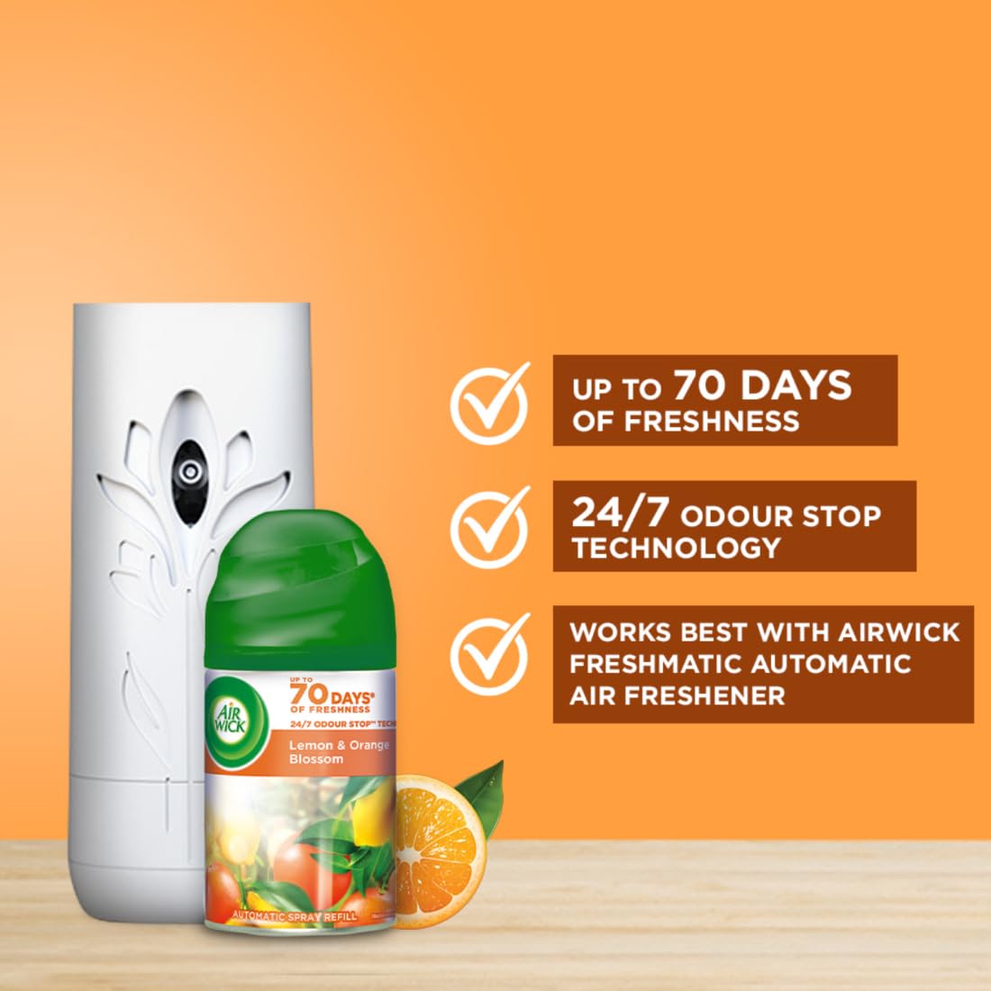 Air Wick Freshmatic Automatic Air Freshener Refill 250ml - Lemon & Orange Blossom Scent | 2600 Sprays Guaranteed | Continuous Fragrance for Home, Bathroom, Office & Car | Eliminates Odors & Freshens Air Instantly