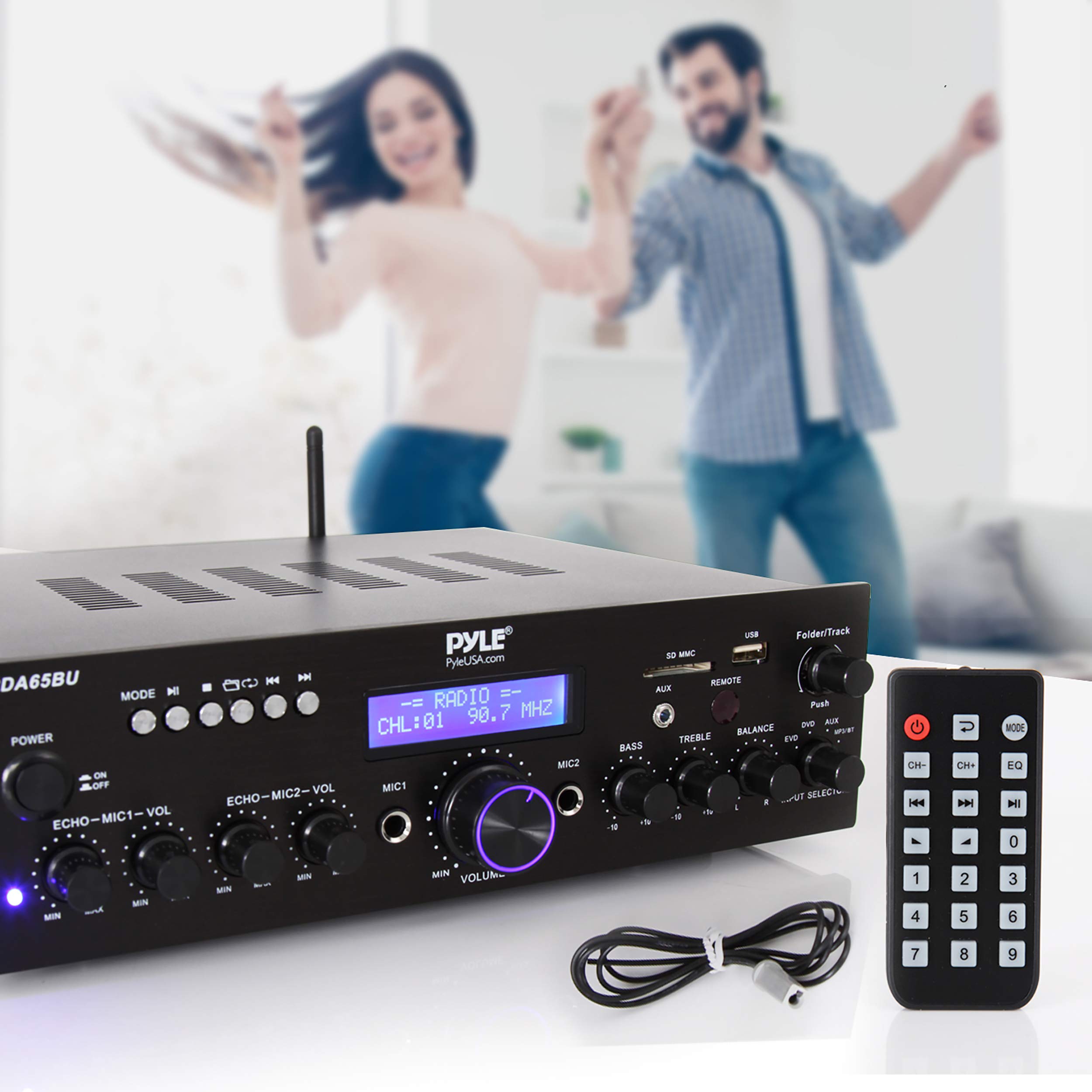 Pyle Wireless Bluetooth Power Amplifier System - 200W Dual Channel Stereo Receiver with USB, AUX, MIC Input & Echo, FM Radio - Home Theater & Studio Audio Amplifier for Parties, Karaoke, DJ Setup - Black (PDA65BU)
