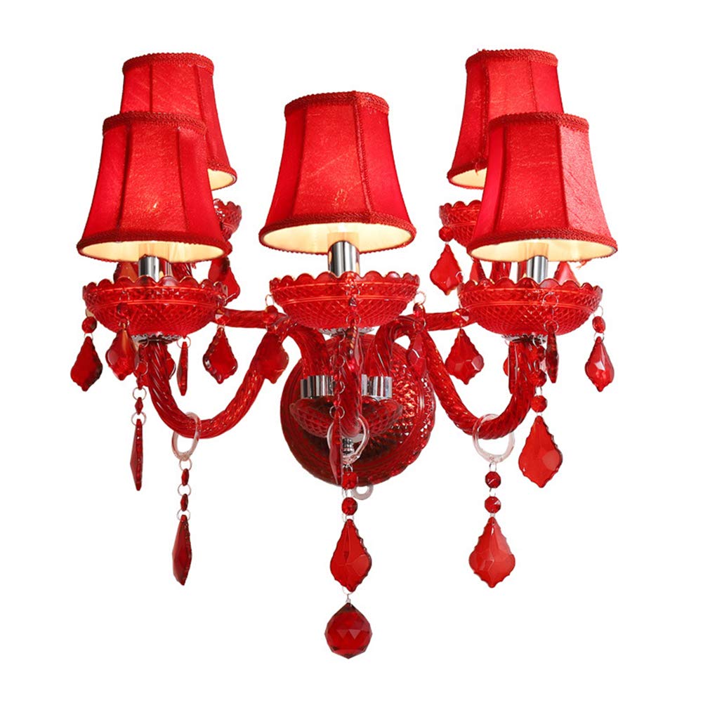 Elegant Aiwen 5-Light Red Crystal Glass Wall Sconce - Double Tier Bedroom Wall Lamp with Lampshade for Bedside Lighting | Perfect for Master Bedroom, Hallway & Living Room Decor