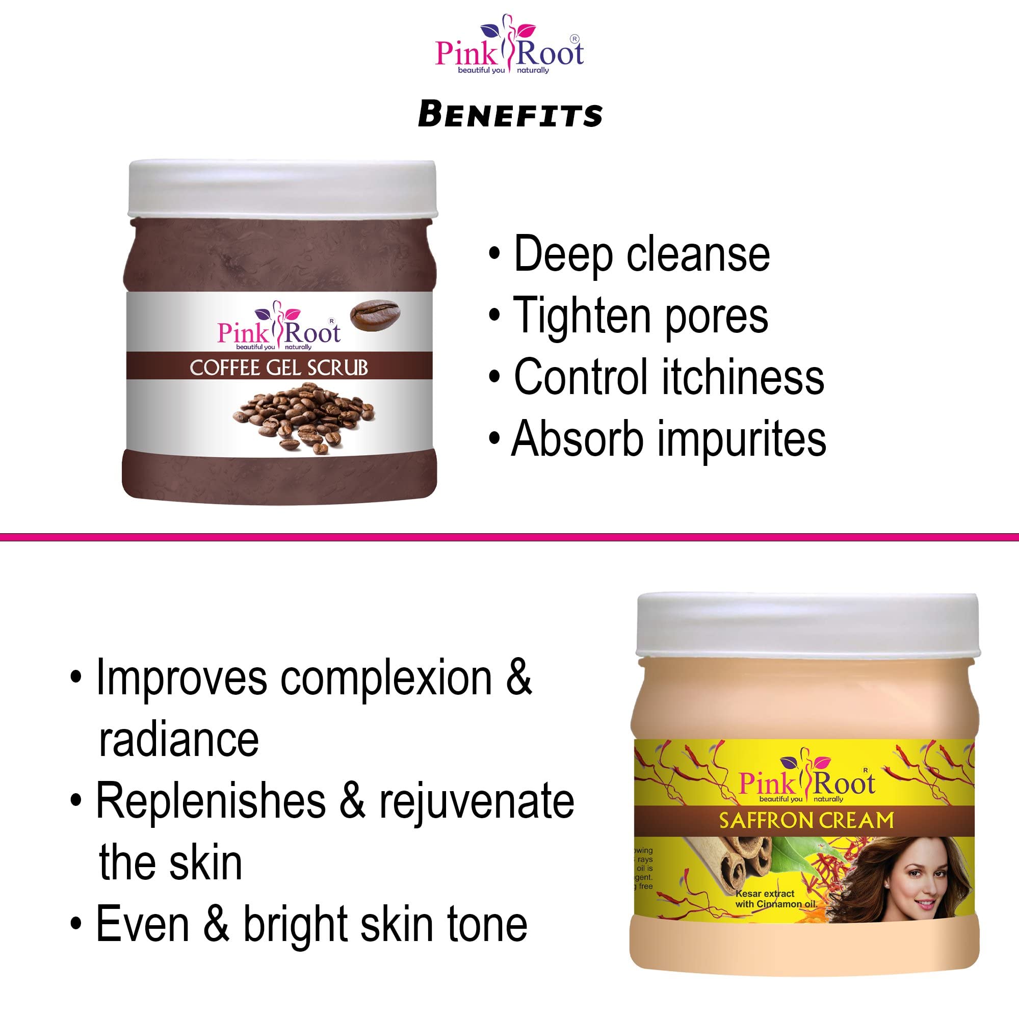 Pink Root Coffee Gel Scrub 500g with Saffron Cream 500g - Exfoliating & Brightening Face & Body Scrub for Glowing Skin | Perfect for Spa Day & Self-Care Routine
