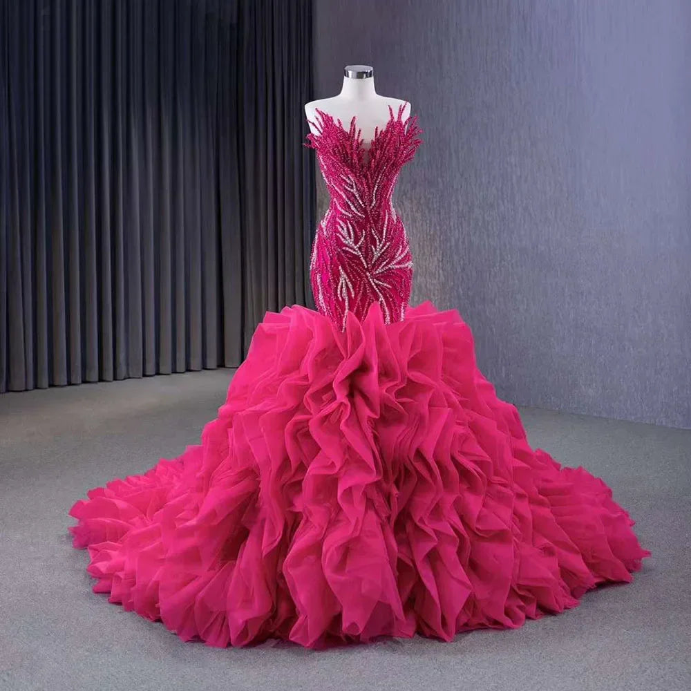 Luxury Fuchsia Lace Up Pearl Beaded Mermaid Wedding Dress - Serene Hill 2025 Custom Made Bride Gown HM231040 | Perfect for Beach Weddings, Formal Ceremonies & Red Carpet Events