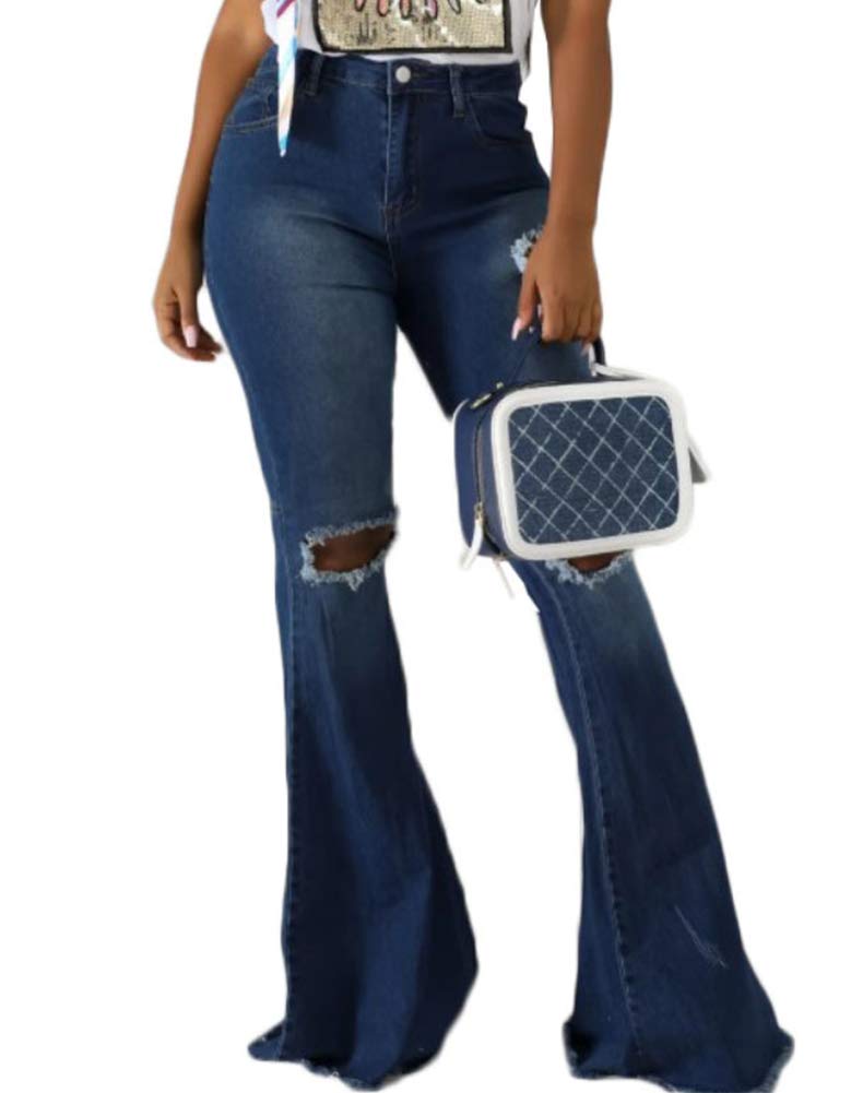 Arlita Women's Vintage High Waisted Flare Jeans - Stretchy Ripped Raw Hem Denim Pants for Casual Outfits & Retro Style