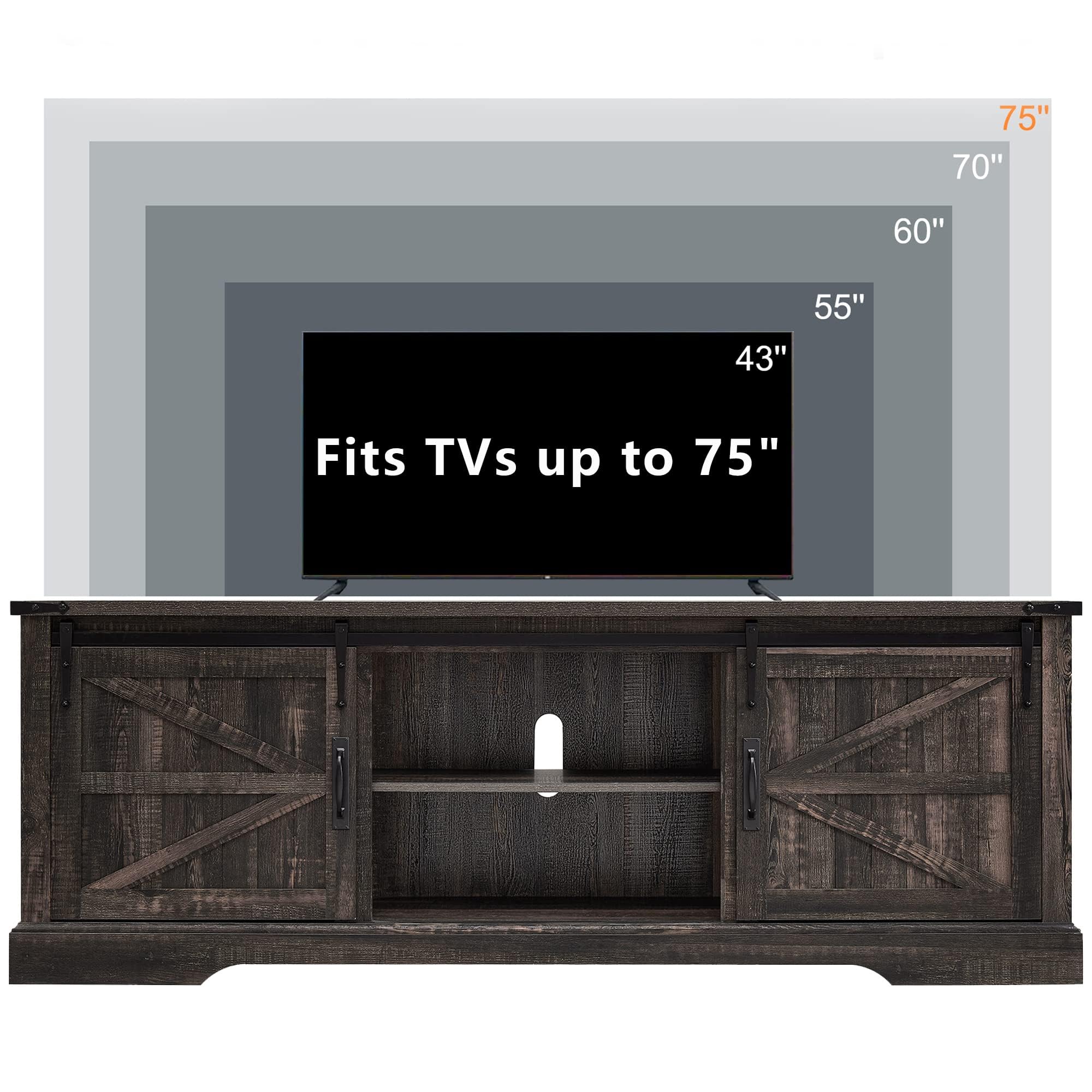 Rustic Farmhouse TV Stand for 75 Inch TV - Wood Entertainment Center with Sliding Barn Doors & Storage Shelves - Dark Oak Media Console Cabinet for Living Room, Home Theater, and Family Room Decor