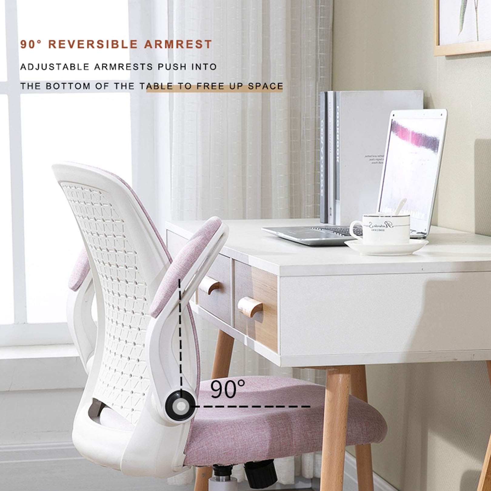 Ergonomic Swivel Desk Chair with Linen Fabric & Breathable Mesh High Back - Easy Assembly Pink Office Chair for Home & Workspaces - Perfect for Long Hours of Computer Work, Gaming, or Studying