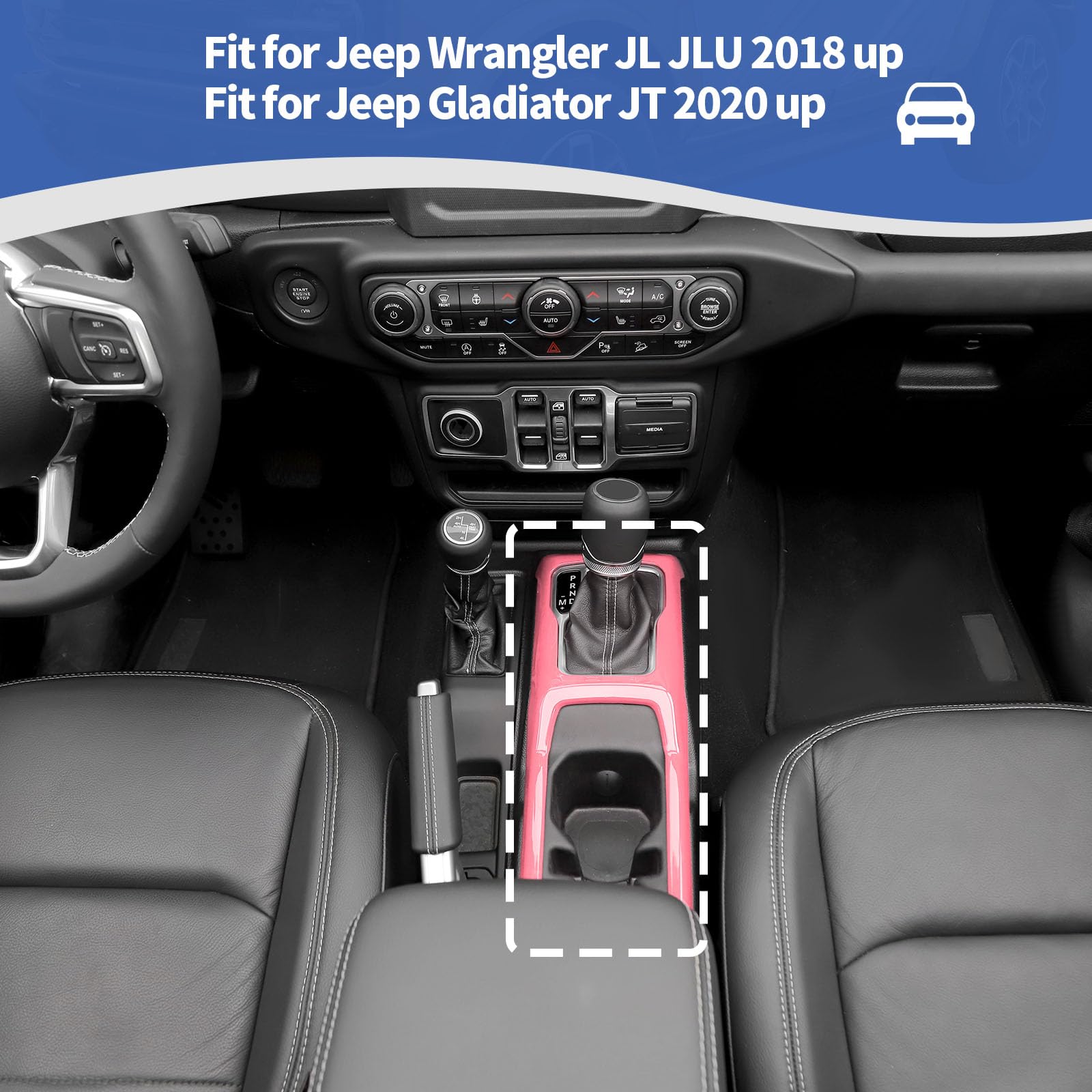 Jeep Wrangler JL JLU (2018+) & Gladiator JT (2020+) Gear Shift Cup Holder Panel Trim Cover - RT-TCZ Pink Interior Accessories | Dash Organizer Upgrade for Off-Roading & Daily Driving