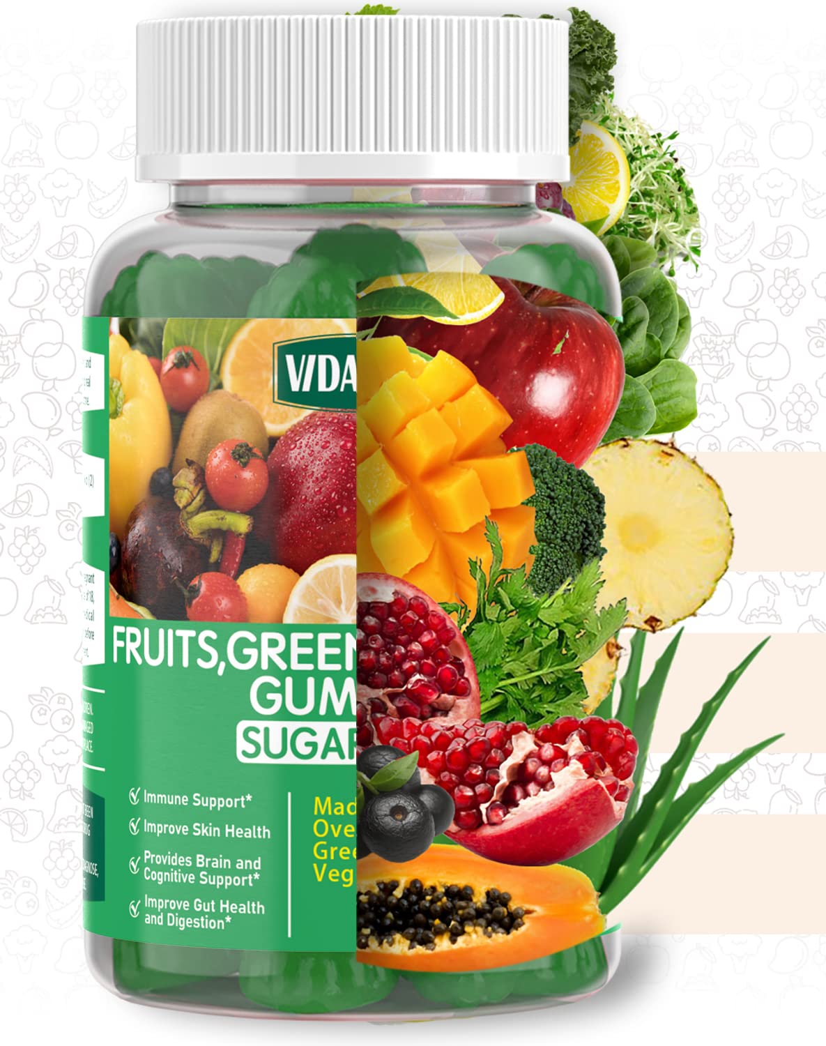 Sugar-Free Fruit and Veggie Gummies with 35+ Greens, Vitamins for Immunity, Skin & Gut Health — Best Fruit & Vegetable Supplement for Adults & Kids (60 Gummies) — Perfect for Daily Nutrition, Travel & On-the-Go Wellness