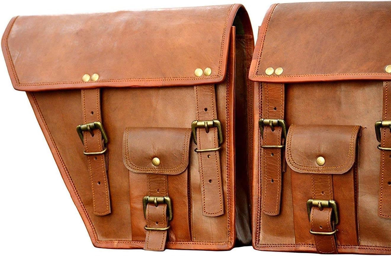 2 Pack Genuine Leather Motorcycle Saddle Bags - Waterproof Bike Shoulder Bag & Tool Pouch for Harley, Cruiser - Brown Handlebar Sissy Bar Travel Accessories (Ideal for Road Trips, Camping & Daily Commute)