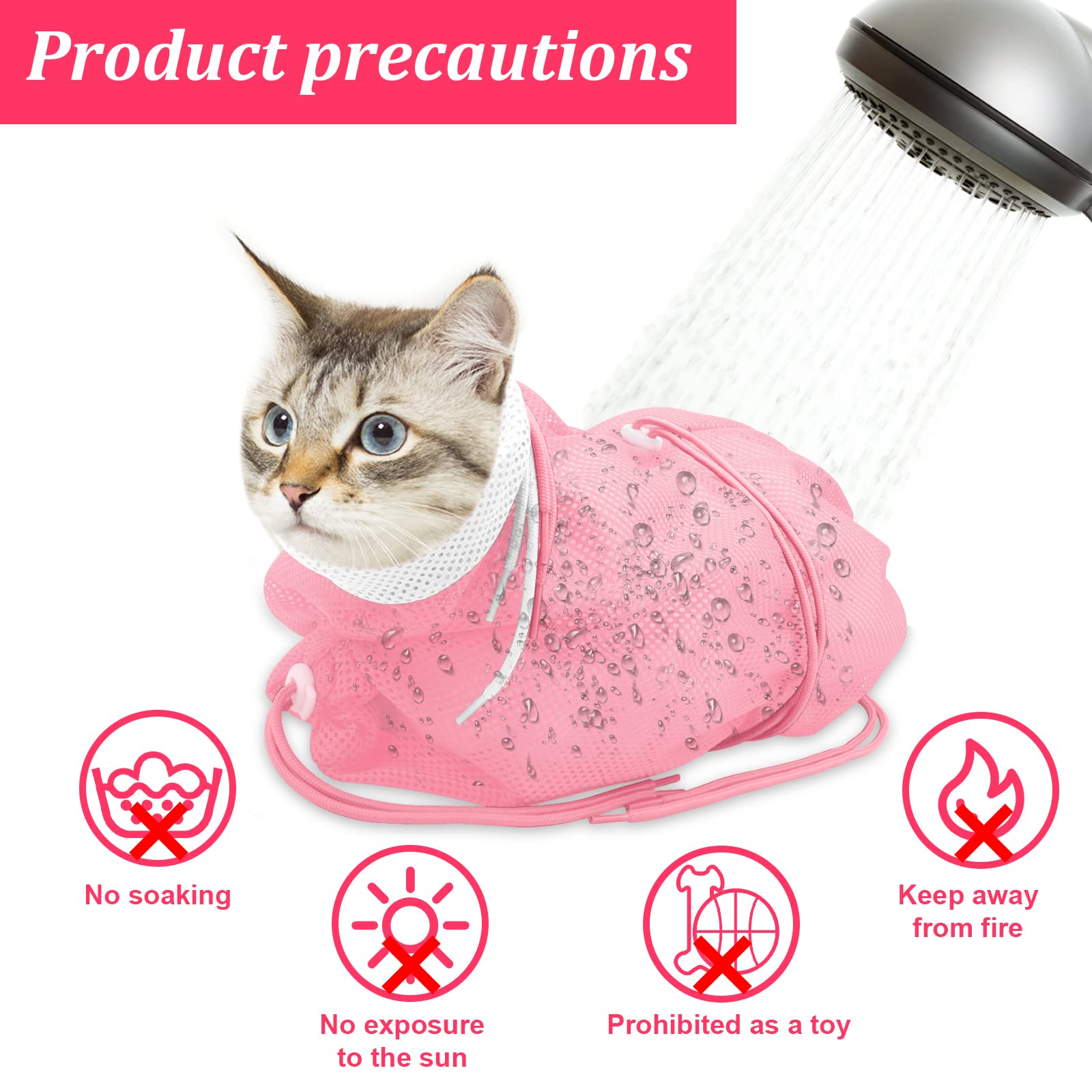 **Breathable Mesh Cat Bathing Bag - Adjustable Anti-Scratch Cat Shower Grooming Bag for Nail Trimming & Washing - Soft Polyester Pet Grooming Accessories (White-Pink) - Perfect for Stress-Free Cat Bathing & Vet Visits**