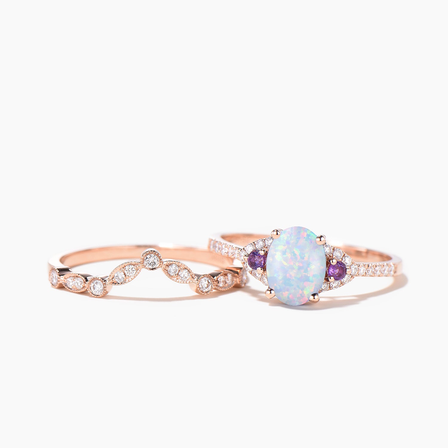 Oval Cut Opal & Amethyst Cluster Engagement Ring - Half Eternity Diamond Wedding Band Set for Brides | Perfect for Proposals, Anniversaries & Romantic Occasions