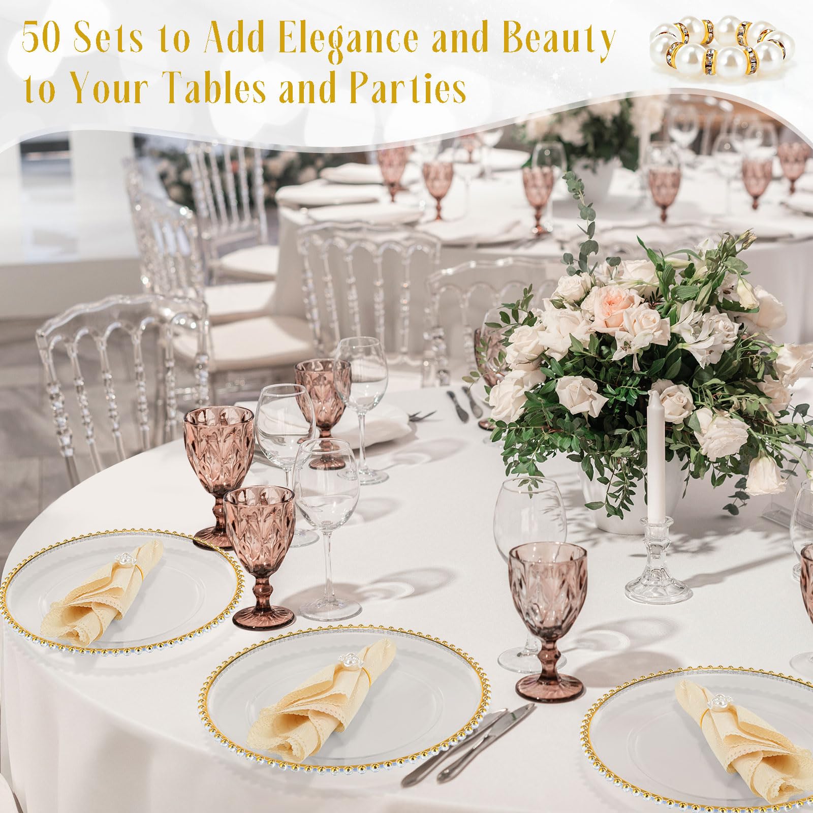 50-Pack Clear Beaded Charger Plates & Napkin Rings Set - 13 Inch Gold Plastic Round Plates for Wedding, Dinner Party & Event Table Decorations - Elegant Table Setting for Formal Occasions