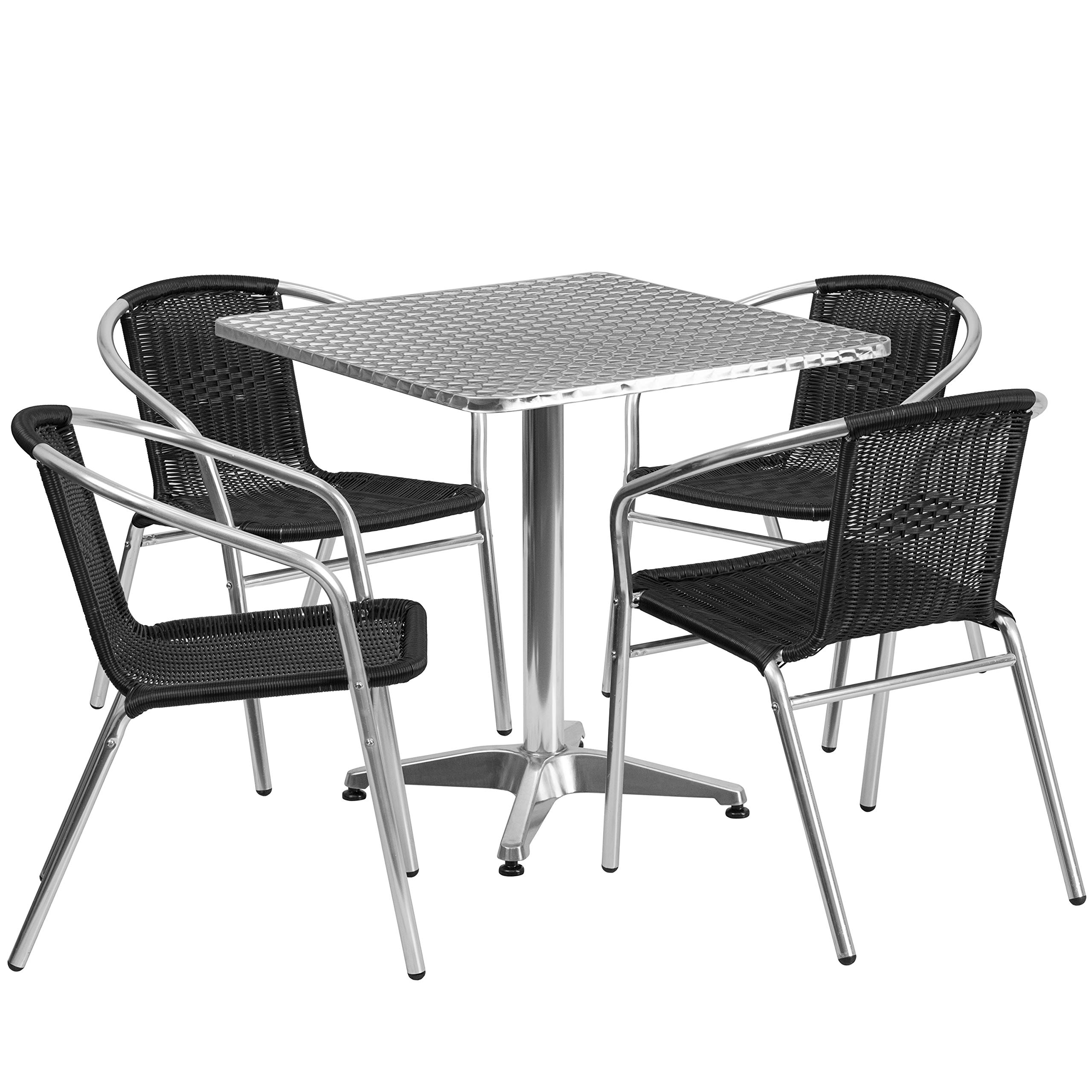 Flash Furniture Lila 27.5'' Square Aluminum Patio Dining Table Set with 4 Black Rattan Chairs - Indoor Outdoor Bistro Set for Garden, Balcony & Backyard