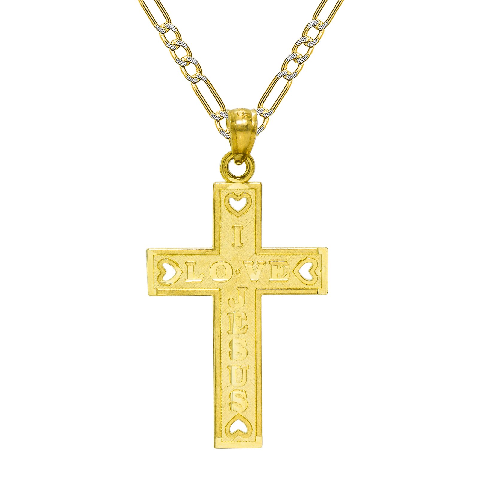 14K Two-Tone Gold I Love Jesus Cross Pendant Necklace with 1.8mm White Pave Figaro Chain - Religious Jewelry for Women, Christian Gifts, Baptism & Church Wear