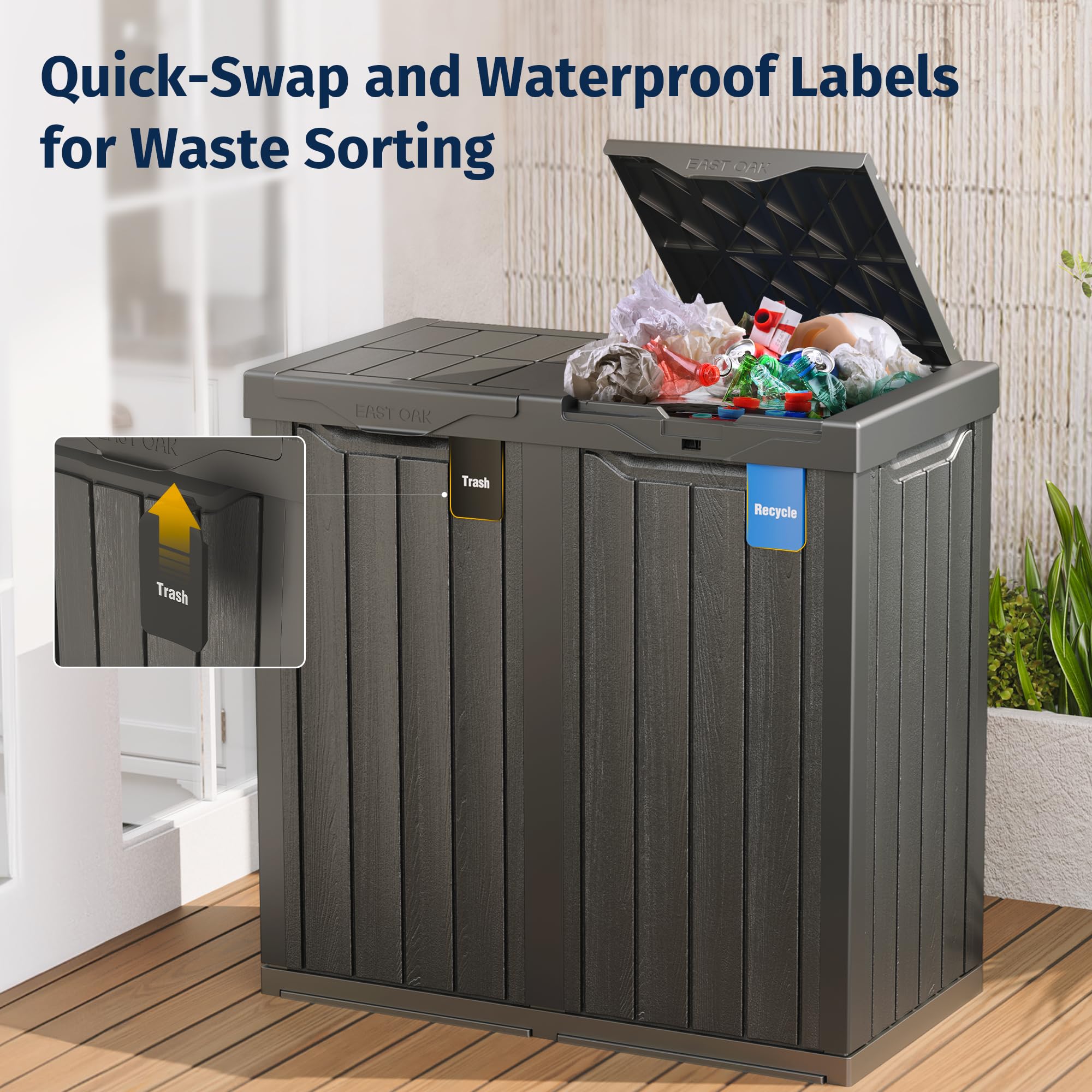 EAST OAK 62 Gallon Outdoor Trash Can - Waterproof Resin Garbage Bin with Recycle & Trash Labels, Secure Bag Lock & Drip Tray - Heavy Duty Outdoor Waste Container for Patio, Backyard, Deck, Garden & Garage - Perfect for Home, Restaurant & Commercial Use - Gray