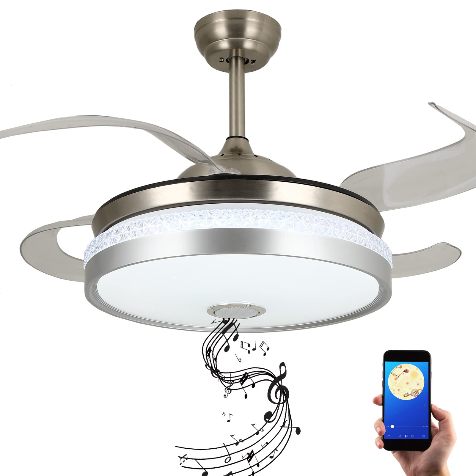 Modern Retractable Ceiling Fan with LED Light & Bluetooth Speaker - Silent Motor, 7 Color Lighting, Remote Control - Perfect for Dining Room, Bedroom, Living Room & Office Spaces