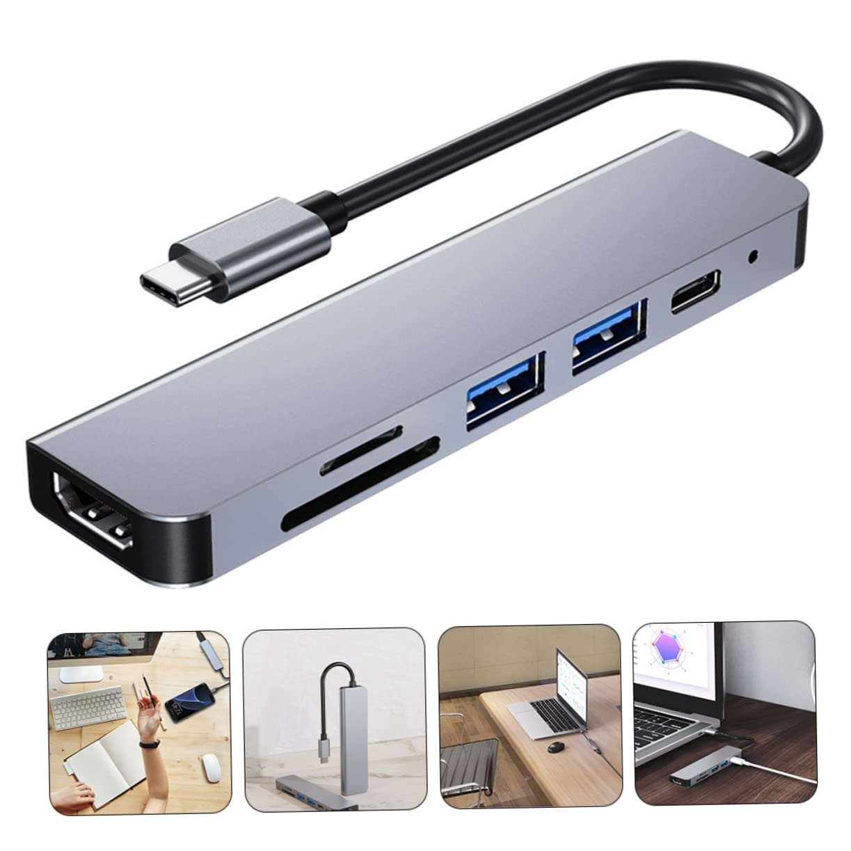 HOMSFOU 3-in-1 USB C Hub with 6 Ports - Aluminum USB C Docking Station, USB 3.0 Data Hub, Card Reader & Charging Adapter - Perfect for MacBook, Laptop, PC & Mobile Devices