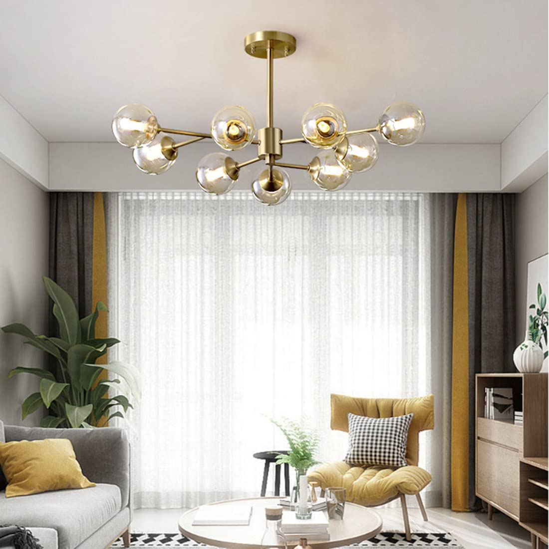 9-Light Gold Brass Linear Chandelier - Glass Globe Pendant Light Fixture for Dining Room, Bedroom, Living Room & Hallway | Modern Molecule Design & Warm Ambient Lighting | Perfect for Home Decor, Wedding Venues & Restaurant Lighting