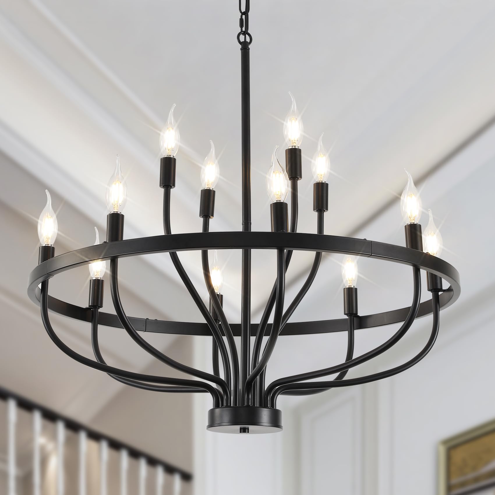 Black Farmhouse Chandelier - 12-Light Wagon Wheel Rustic Candle Round Ceiling Fixture (28 Inch) for Dining Room, Kitchen, Foyer, Entryway & Hallway - Perfect for High Ceilings & Rustic Home Decor