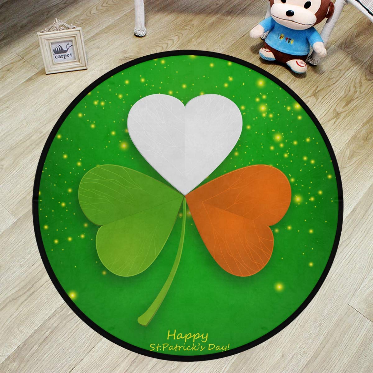 Non-Slip 3ft Round Area Rug - Washable Leaf Clover Pattern Saint Patrick's Day Circular Carpet | Absorbent Bathroom Mat & Yoga Floor Covering for Home Decor