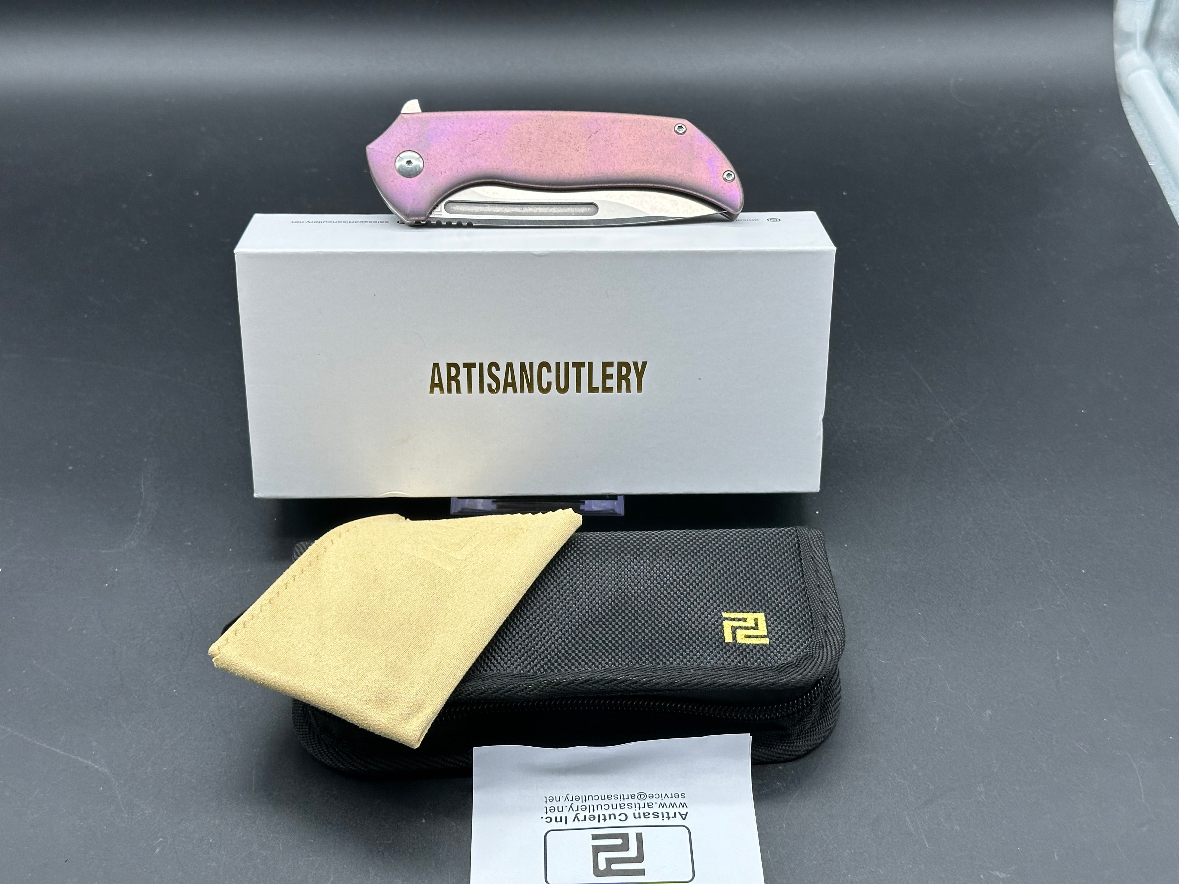 Premium Artisan Trux Frame Lock Folding Knife - Purple Titanium Handle, 3.61