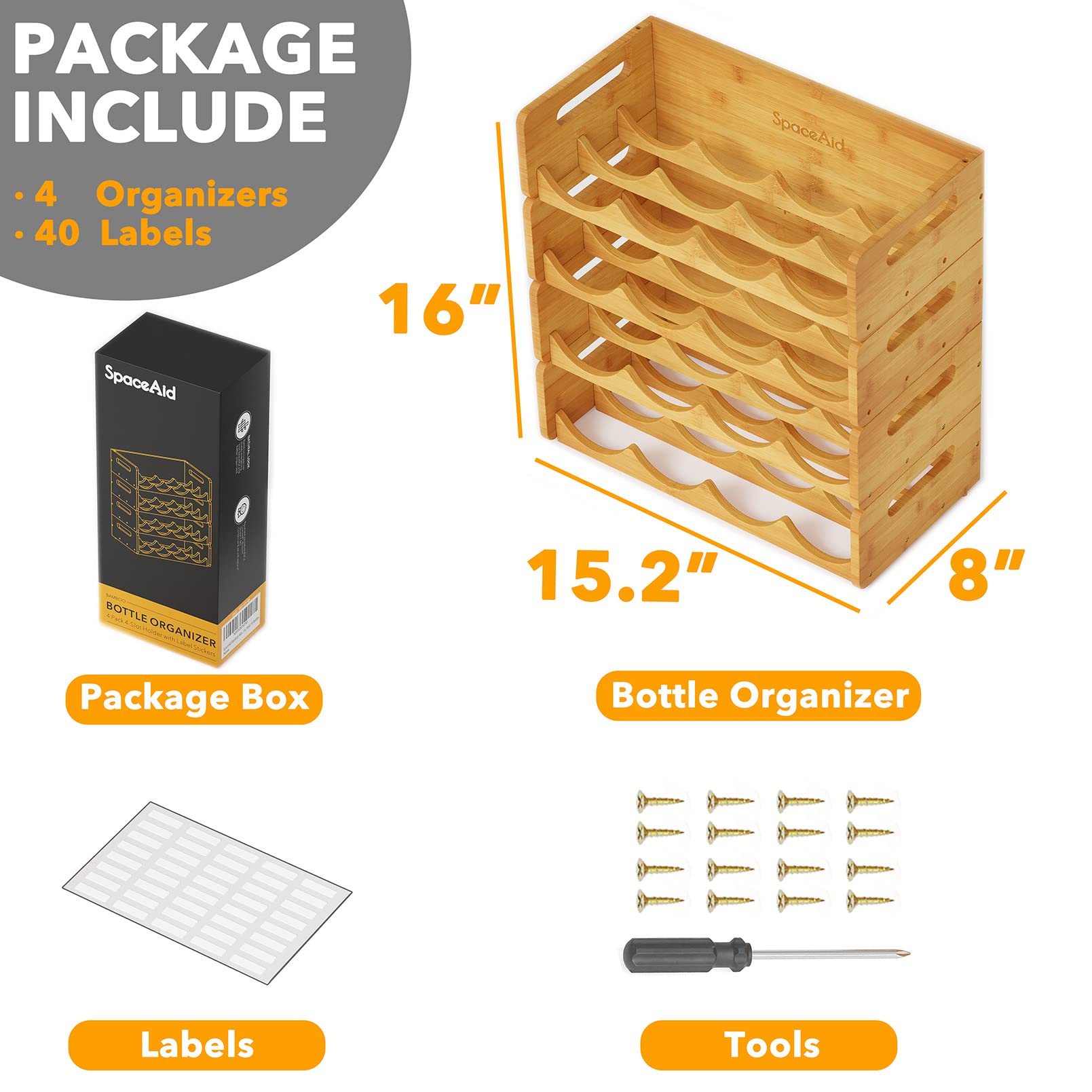 SpaceAid 4-Pack Bamboo Water Bottle Organizer with Labels - Kitchen Pantry Storage Rack for Cabinets, Home Cup & Wine Bottle Holder Shelf - 4-Slot Design Holds 16 Bottles - Perfect for Kitchen Organization, Pantry Storage & Home Decluttering