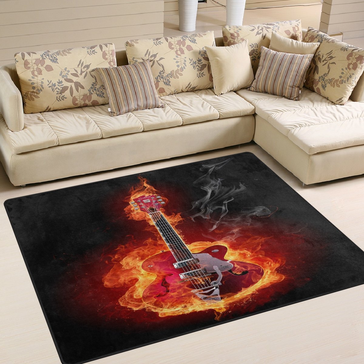 ALAZA Fire Electric Guitar Music Themed Area Rug - 7' x 5' Non-Slip Living Room & Bedroom Carpet - Perfect for Music Lovers, Home Decor, and Studio Spaces