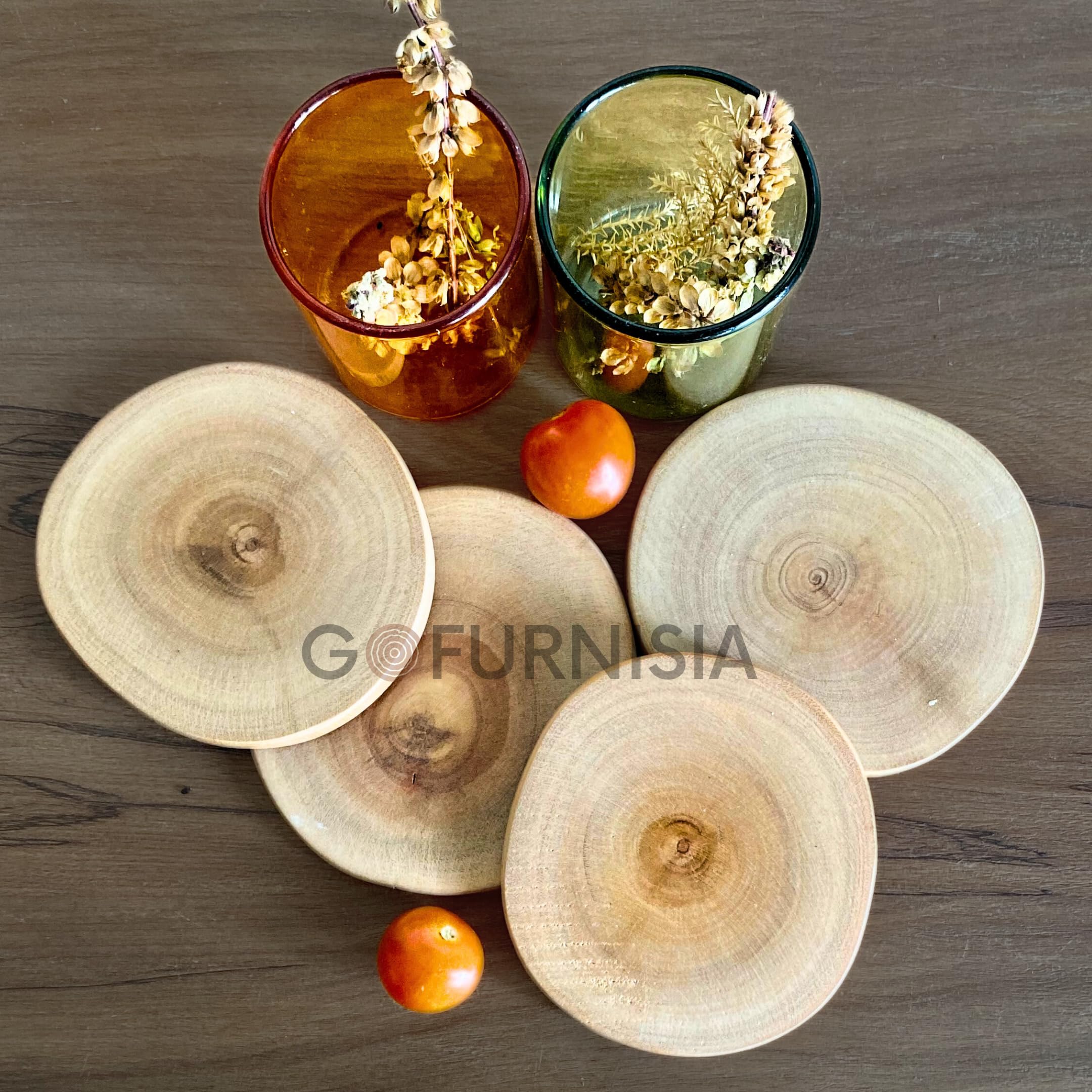 GOFURNISIA ® Set of 2 Rustic Wooden Coasters for Drinks - Natural Solid Wood Log with Finished Edge - Perfect for Dining Table, Coffee Table & Home Decor