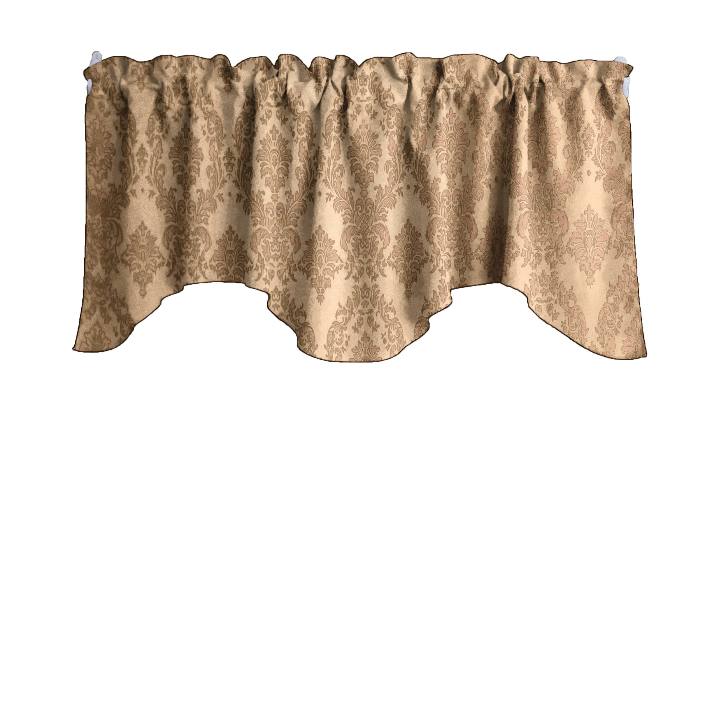 Flocked Damask Scalloped Wave Window Valance - Gothic Victorian Home Decor for Bedroom & Kitchen - Beige on Beige - Elegant Window Treatment for Living Room, Dining Room & Nursery