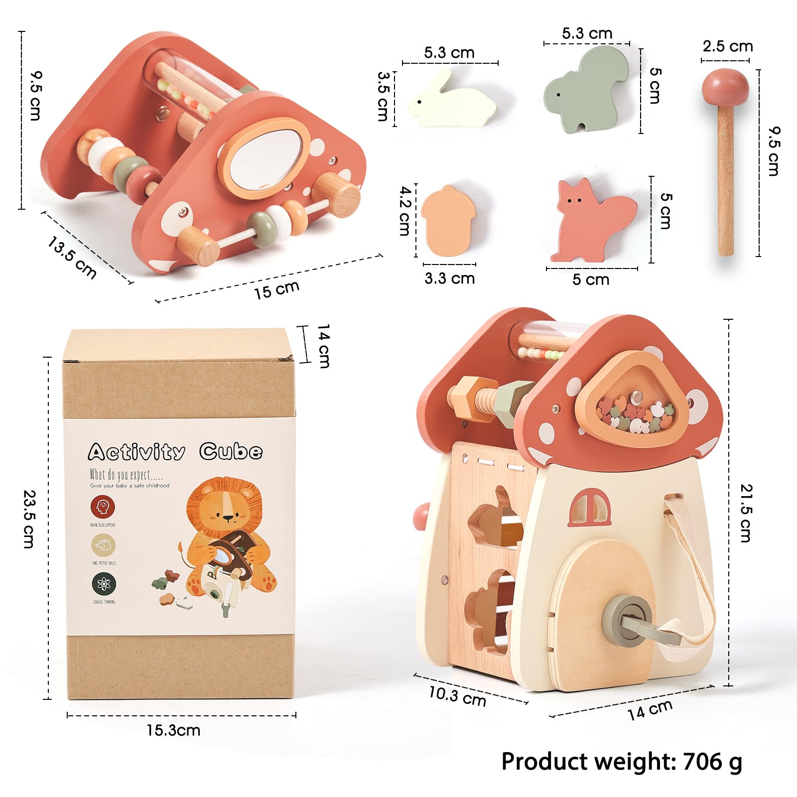 8-in-1 Wooden Activity Cube - Montessori Educational Toy for Toddlers 1-3 Years | Shape Sorter, Sensory Learning & Travel Toy | Perfect First Birthday Gift for 1-2 Year Olds - Great for Home Play, Daycare & Road Trips