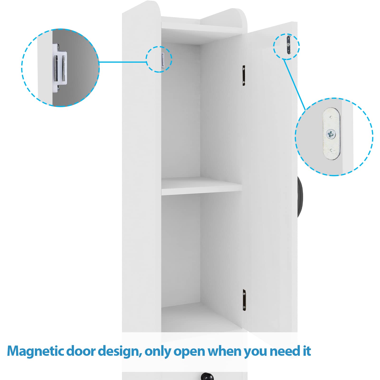 Adjustable Bathroom Storage Cabinet with 8 Compartments & Retractable Toilet Paper Holder - White Narrow 2-Door Tall Cabinet for Small Spaces | Perfect for Bathroom Organization, Apartment Living & Space-Saving Storage Solutions