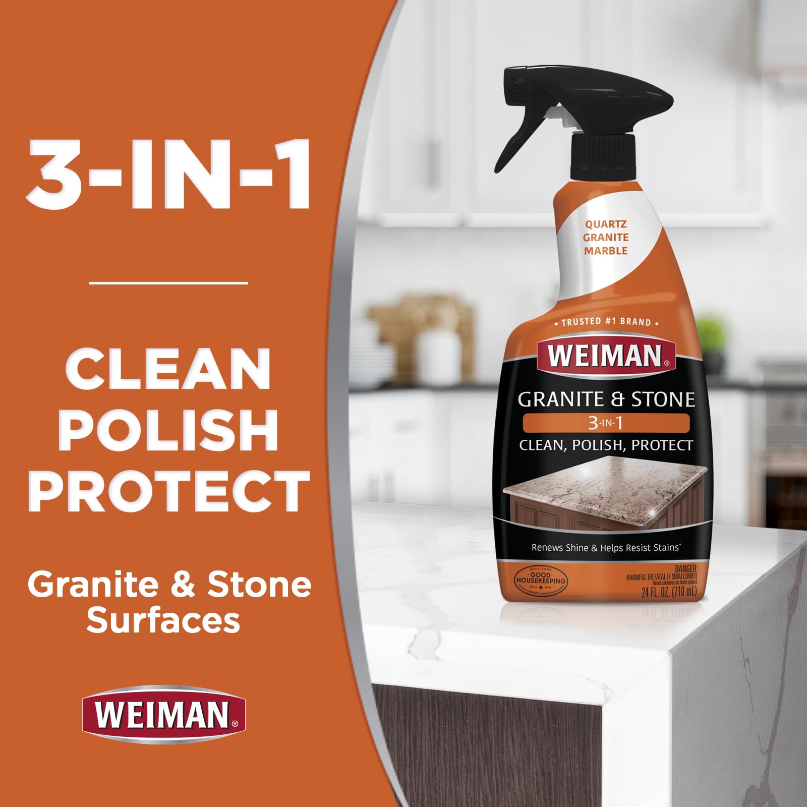 Weiman Complete Countertop Clean & Protect Kit - Granite, Marble, Quartz & Stone Cleaner, Polish & Sealer (24 oz Each) - Safe for Kitchen, Bathroom & Outdoor Surfaces