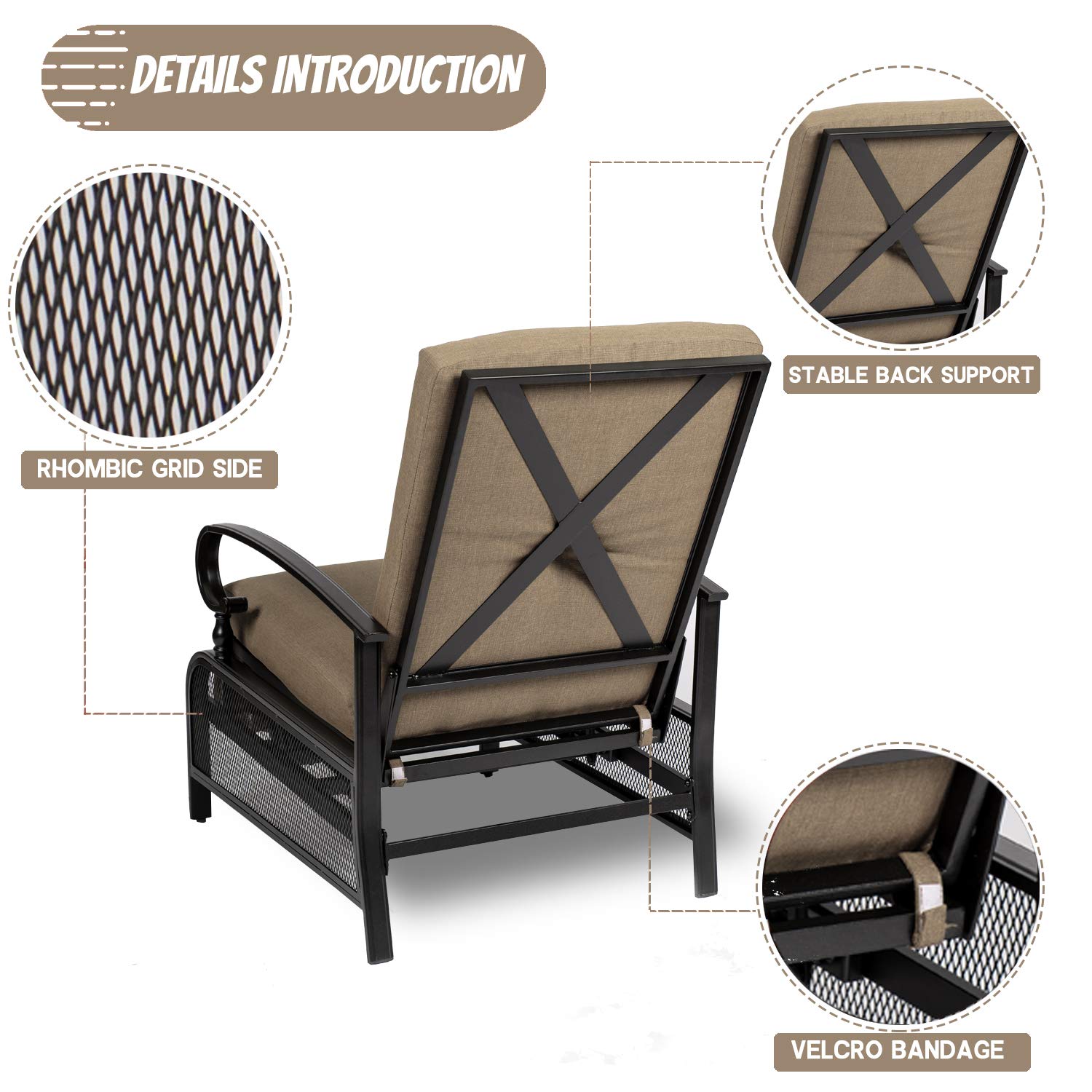 Crownland 2-Piece Outdoor Lounge Chair Set with Adjustable Reclining Patio Chairs & Umbrella Bistro Table - Water Resistant Cushions, Durable Metal Furniture (Brown) - Perfect for Backyard, Poolside & Patio Relaxation