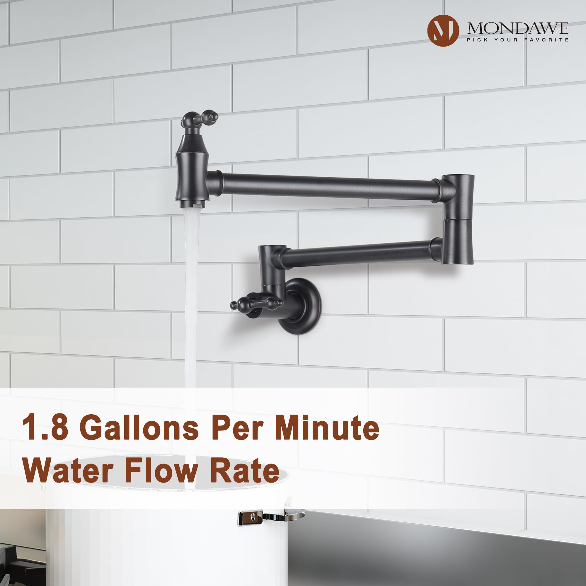 MONDAWE Matt Black Pot Filler Faucet - Wall Mounted Stove Faucet with 1.8 GPM Flow Rate & Double Joint Swing Arms - Lead-Free Brass Pasta Faucet for Kitchen - Perfect for Cooking, Pasta Making & Filling Large Pots Over Stove