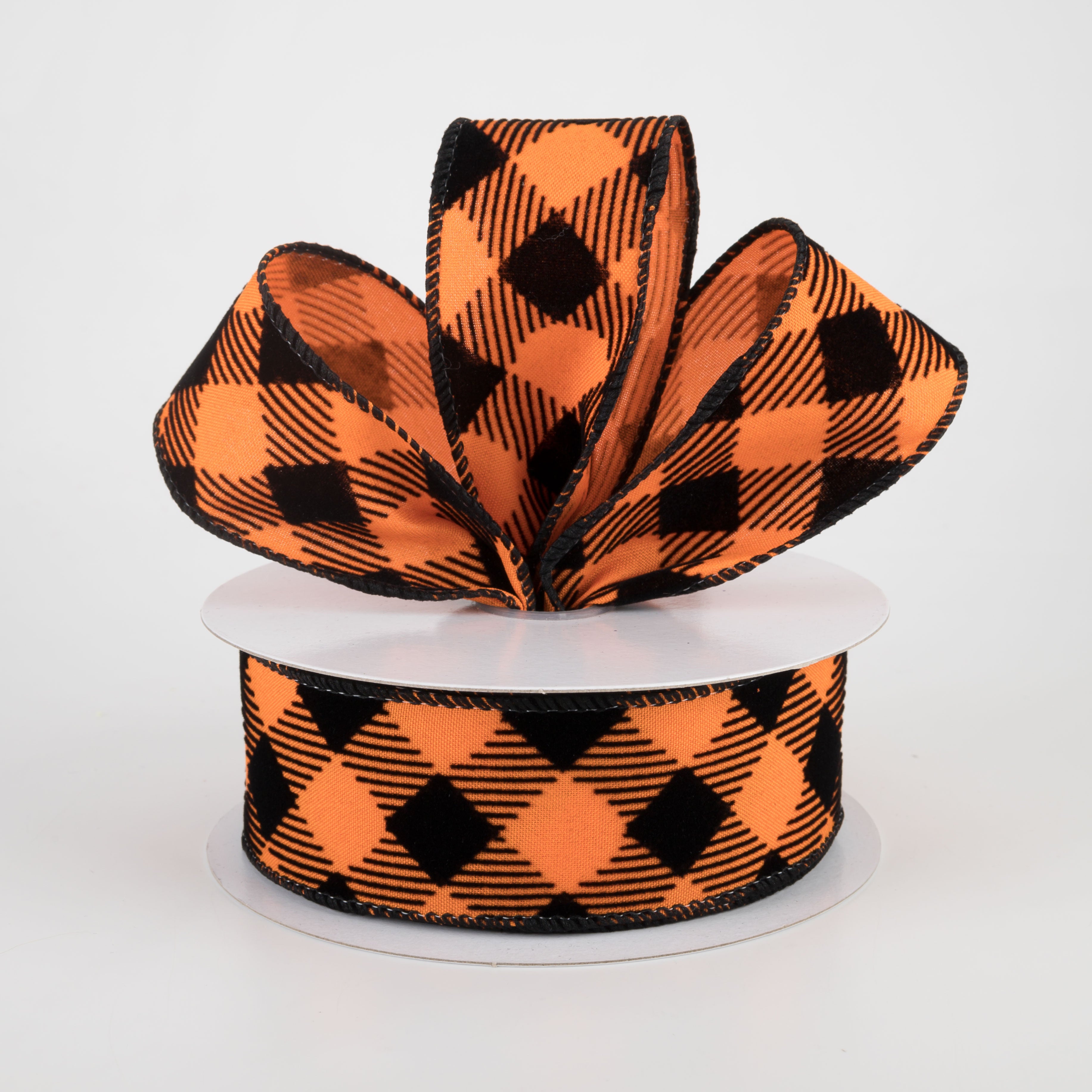 1.5 Inch Flocked Diagonal Check Ribbon - Orange & Black Halloween Party Decor (10 Yards) for Gift Wrapping, Bow Making, DIY Crafts and Seasonal Decorations