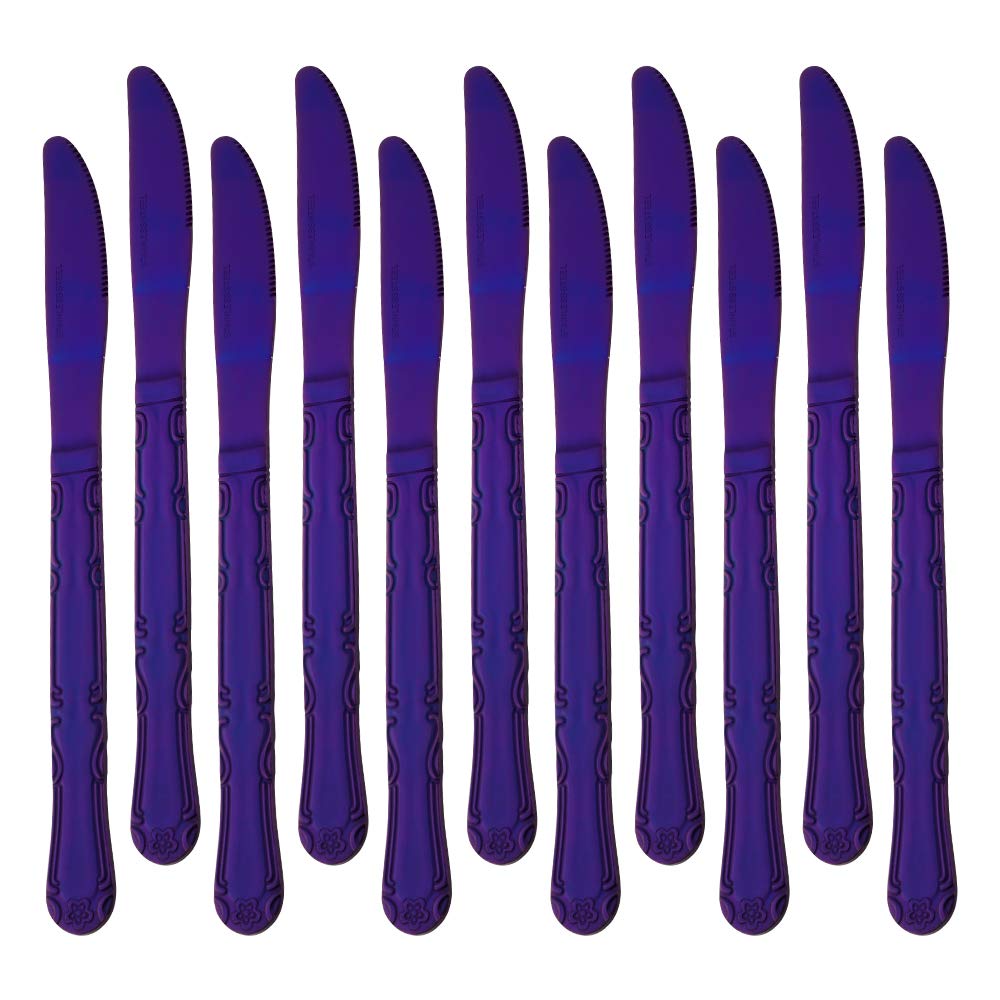 12-Piece Stainless Steel Dinner Knives Set - Purple Flower Edge Table Knives, 8.6 Inch Classic Flatware for Home Kitchen & Restaurant Use | Perfect for Formal Dining, Wedding Cutlery & Everyday Meals