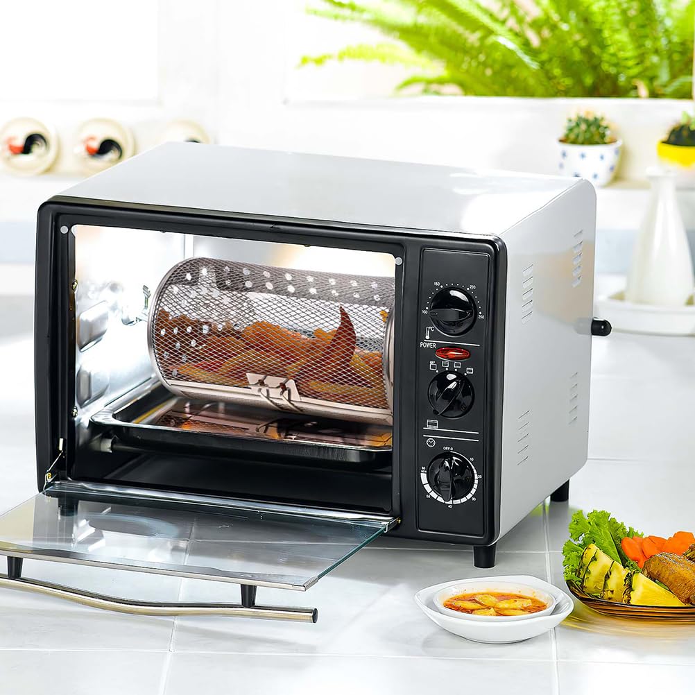 Stainless Steel Rotisserie Grill Roaster Drum & Air Fryer Basket - Oven Rack for Peanuts, Nuts, Coffee Beans, BBQ - Perfect for Home Kitchen, Camping & Outdoor Cooking
