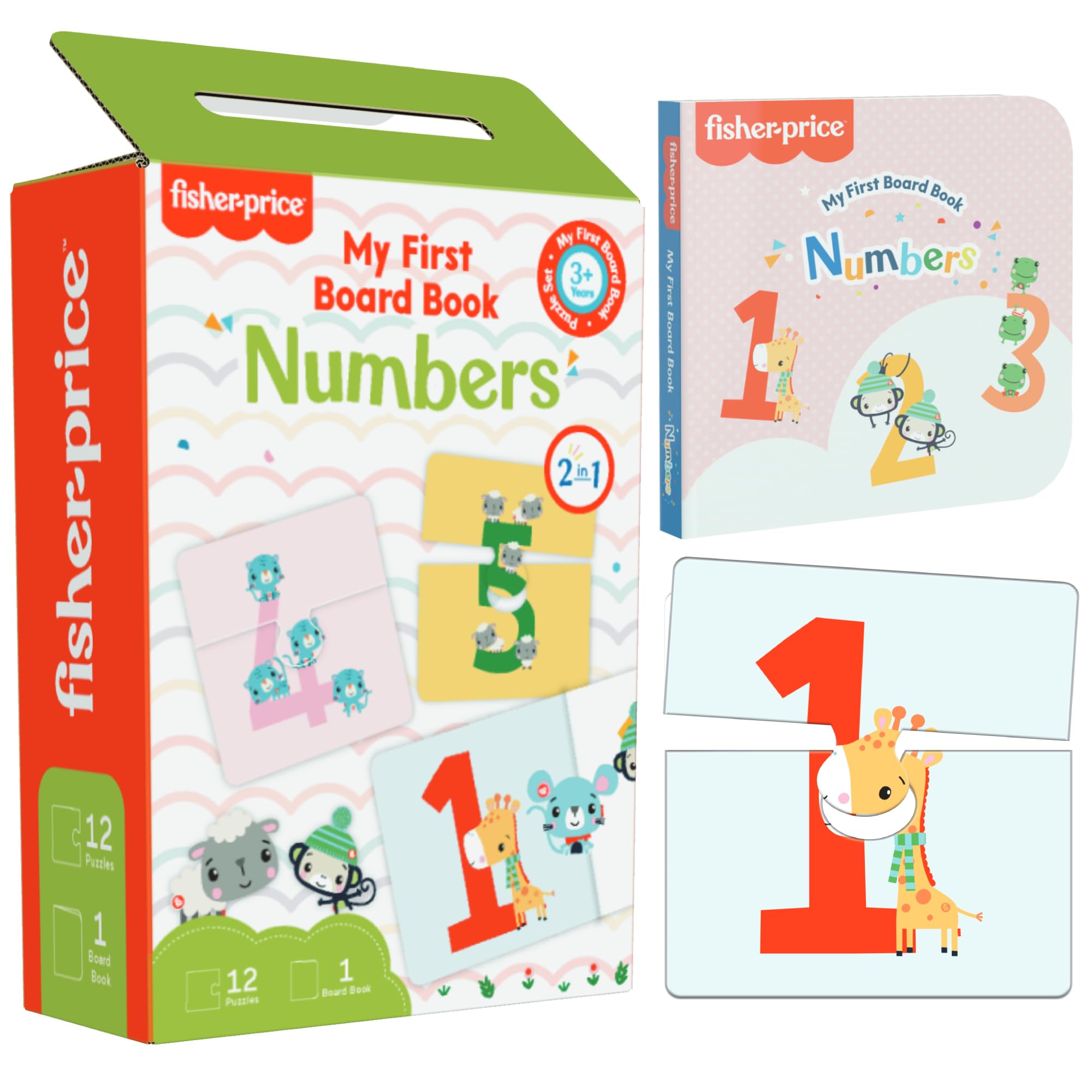 Fisher-Price My First Numbers Puzzles & Board Book for Kids Ages 3+ | 12 Educational Number Puzzles (2-Piece Each) + Learning Board Book | Preschool Math Learning Toy for Toddlers & Early Childhood Education