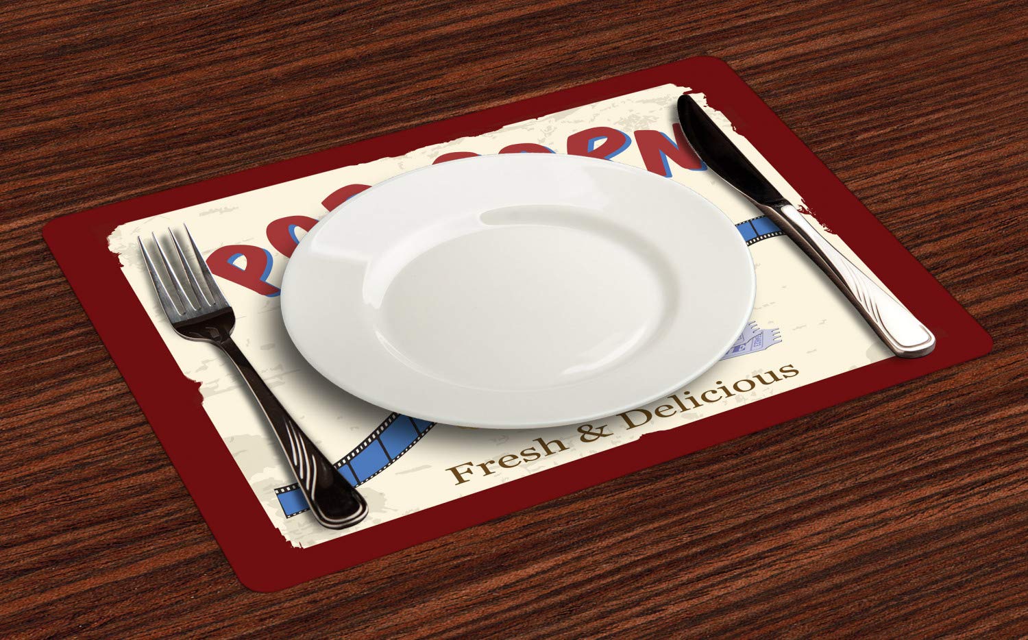 Ambesonne Vintage 60s Movie Theater Placemats Set of 4 - Washable Fabric Dining Table Mats with Popcorn & Film Ticket Design - Perfect for Home Theater Nights, Dinners & Retro Decor (Multicolor)