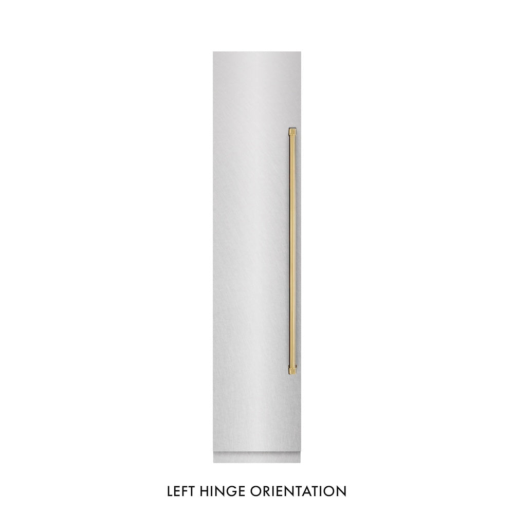 ZLINE Autograph Edition 18 Inch 8.6 cu ft Left Hinge Column Freezer - Stainless Steel with Graphite Gray Interior & Gold Accents | Perfect for Home Bar, Basement, or Garage Storage | RCFVLZ SN 18 G
