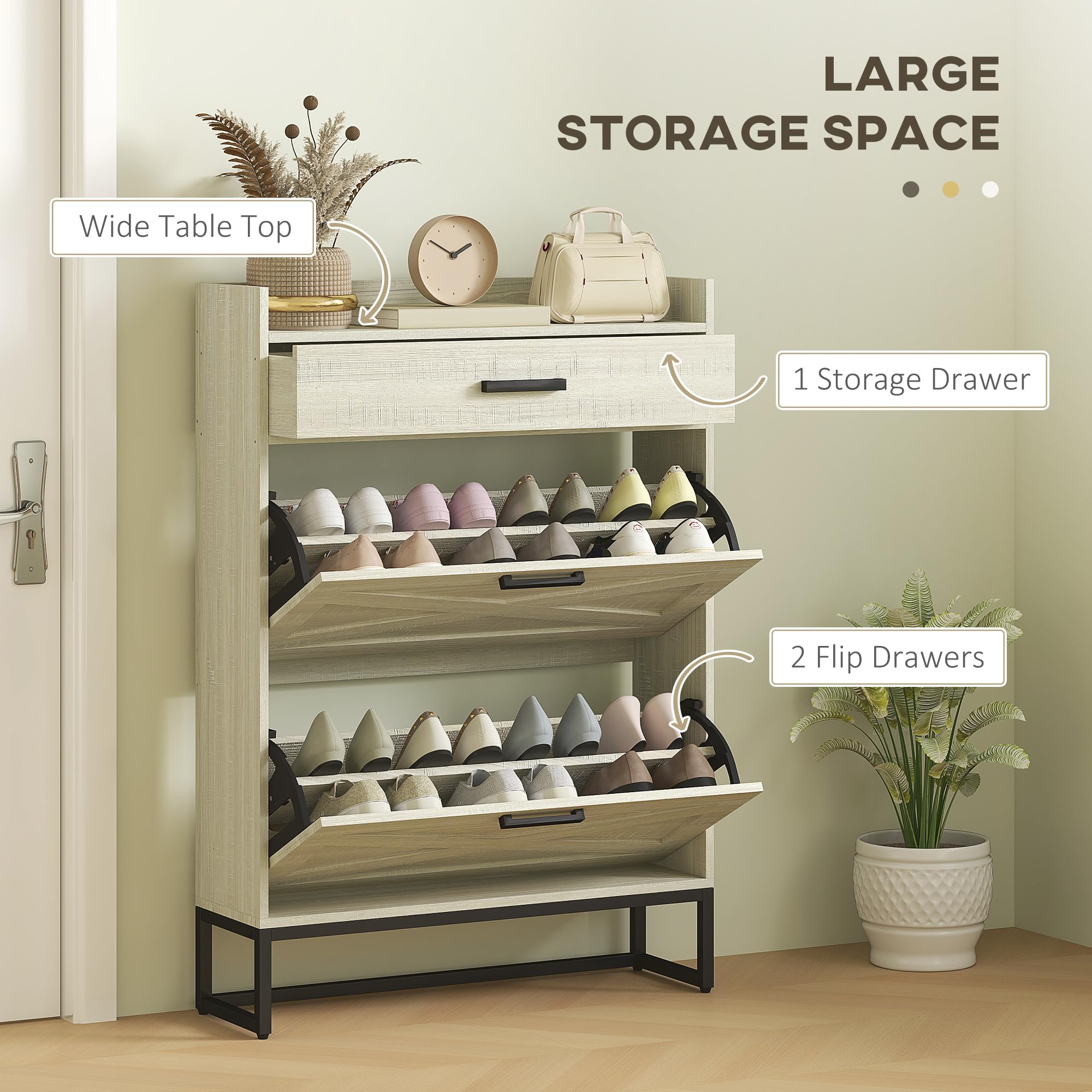 HOMCOM 12-Pair Narrow Shoe Storage Cabinet with 2 Flip Drawers, Adjustable Shelves & Top Drawer - Farmhouse Entryway Shoe Organizer in Distressed White for Hallway, Closet & Mudroom Organization